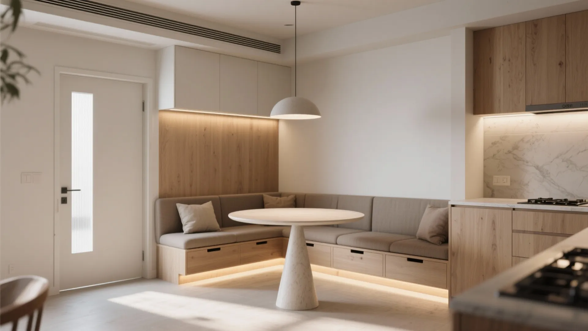 3. Integrate a bench or banquette with kitchen workflow planning