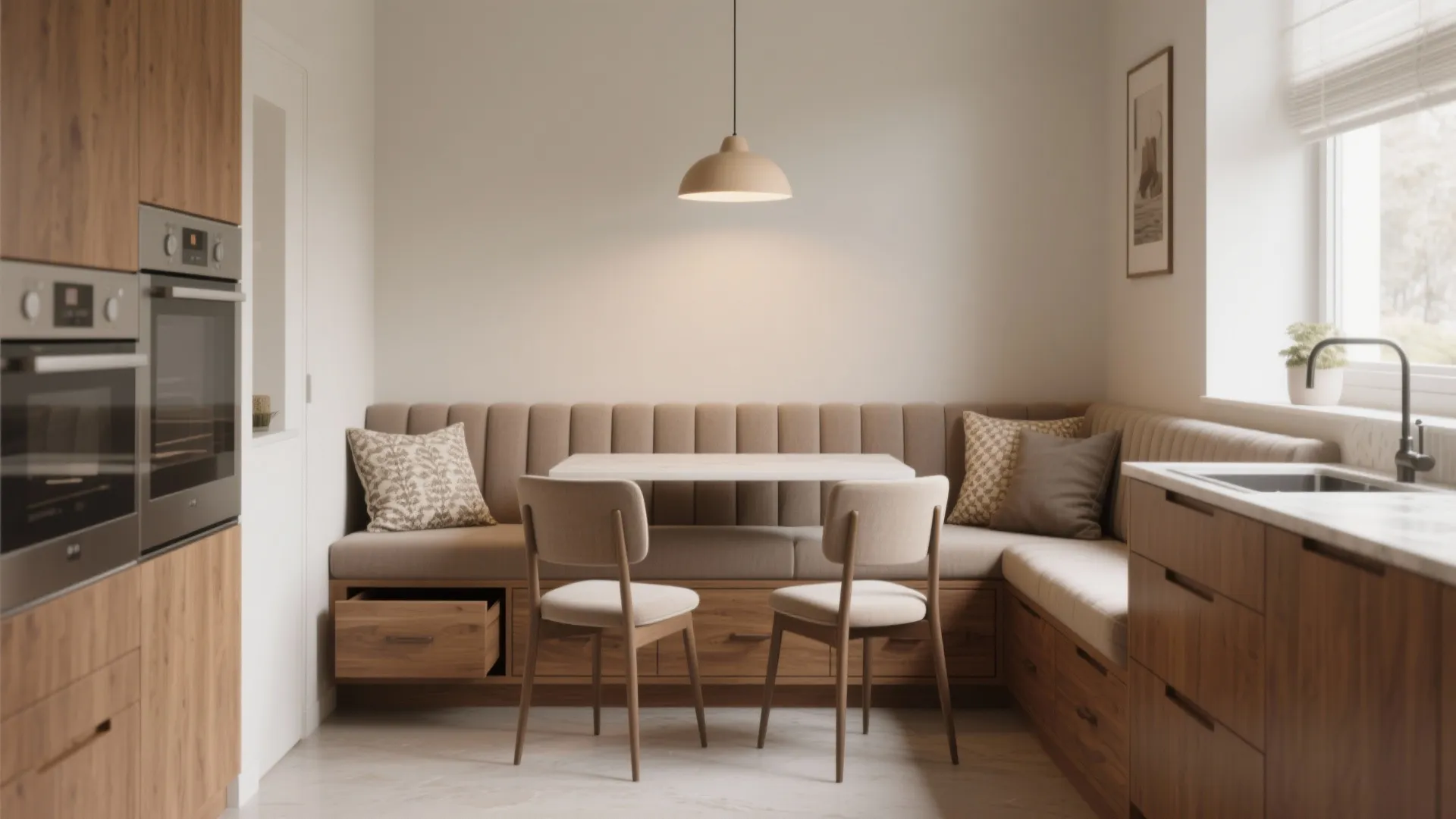 L-shaped wooden bench with cushions and storage drawers around a white table and two chairs