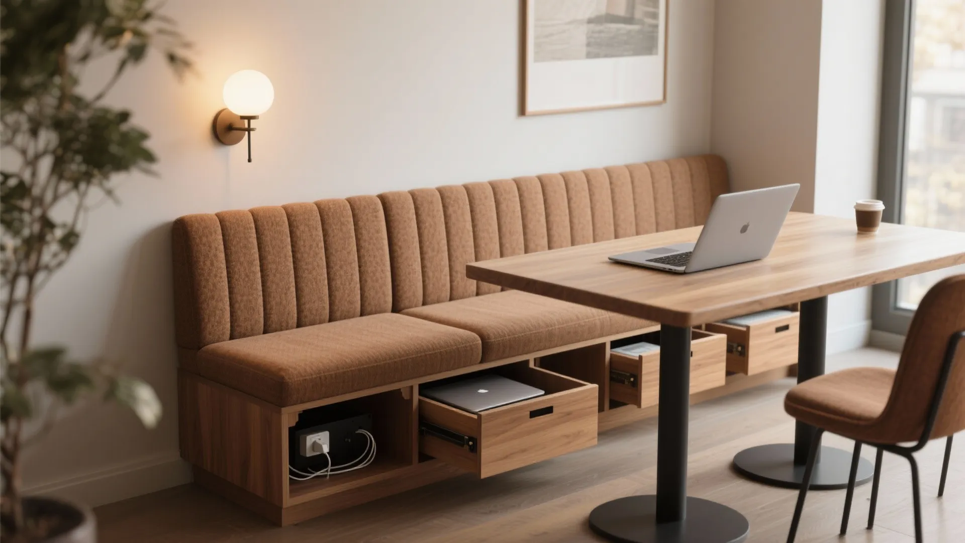 Banquette seating with hinged storage boxes and a pull-out modesty panel used as a work bench.