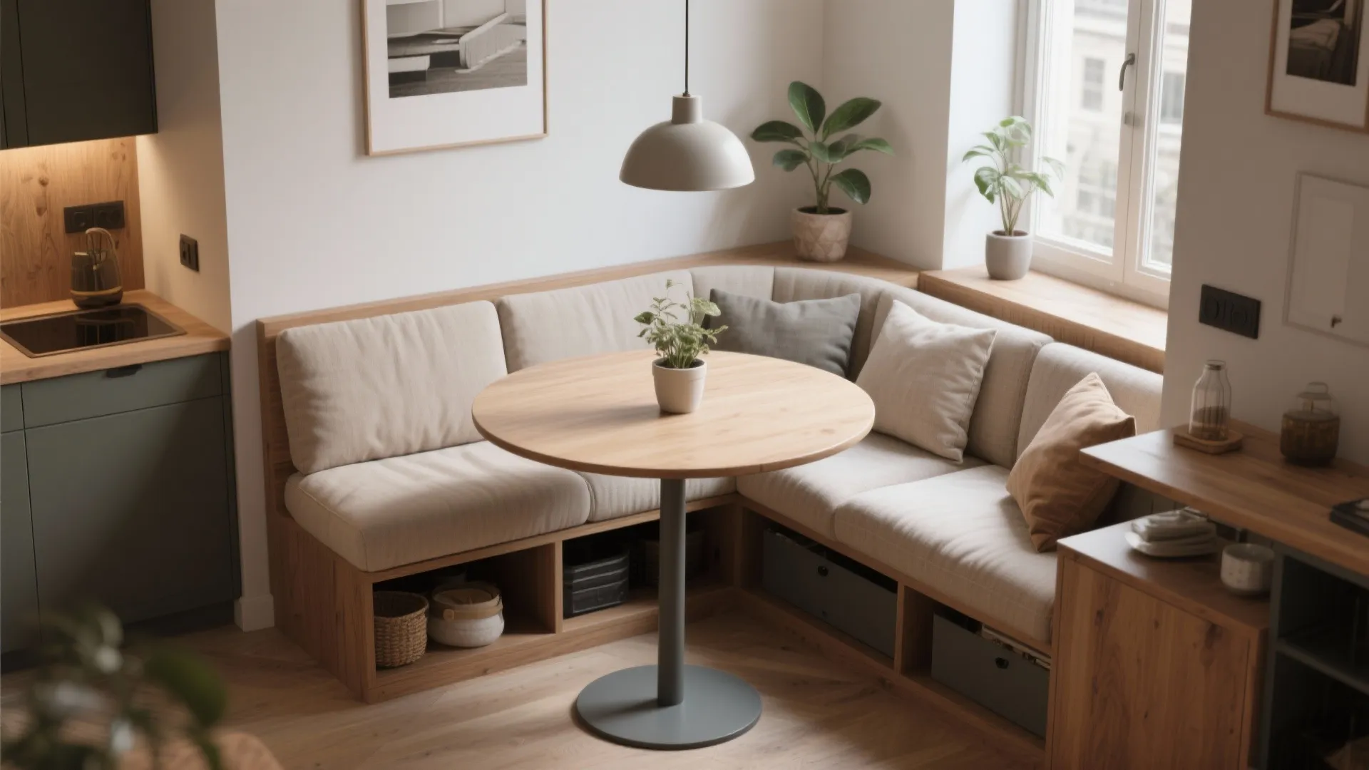 Corner dining area with beige bench, round wood table, grey light fixture, and storage bins
