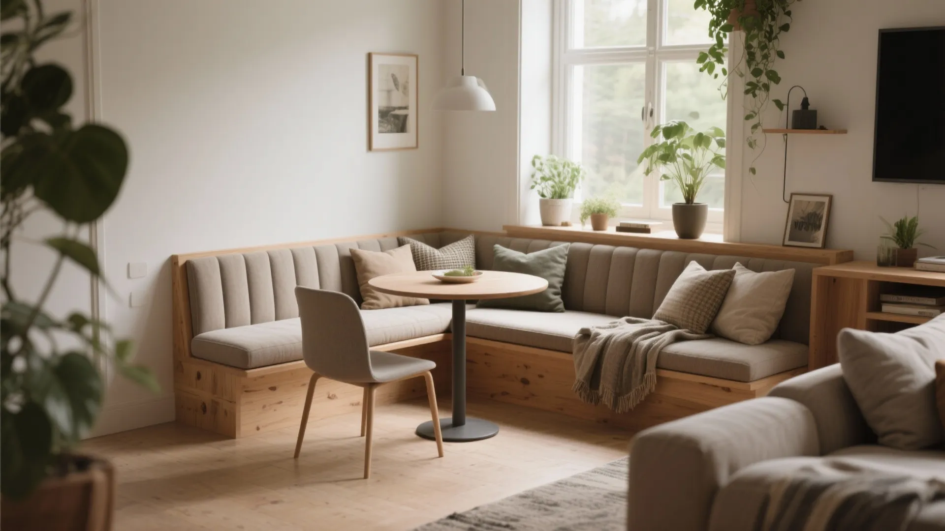 Built-in banquette bench with foam cushions and a small dining table in a compact nook