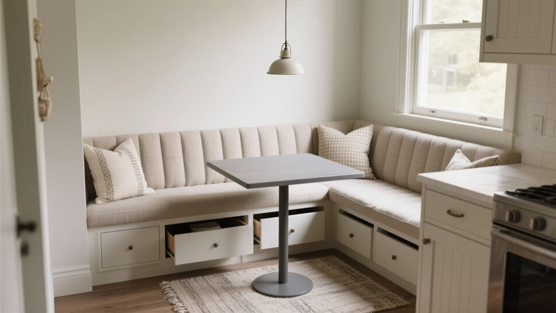 3. Banquette bench + small table — storage meets seating