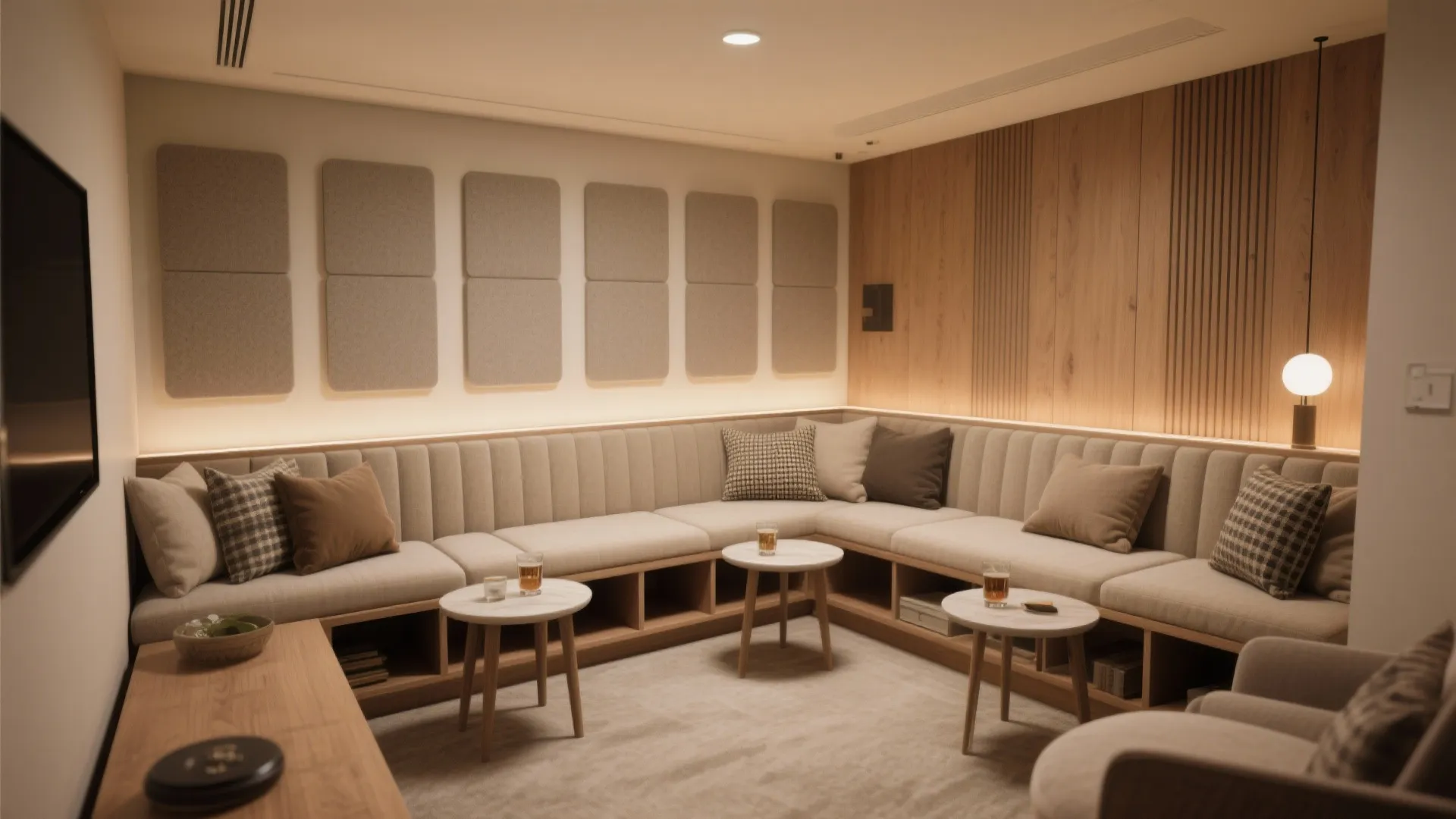 Modern home theater room with large beige corner sofa small round tables and wall panels