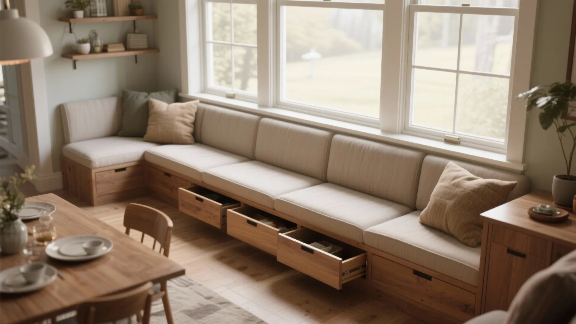 Dining area with wooden table and long window bench featuring built in storage drawers for space