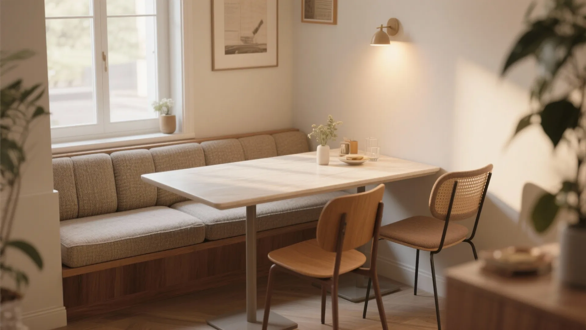 Dining area with a wall bench wooden table two chairs wall light and large window