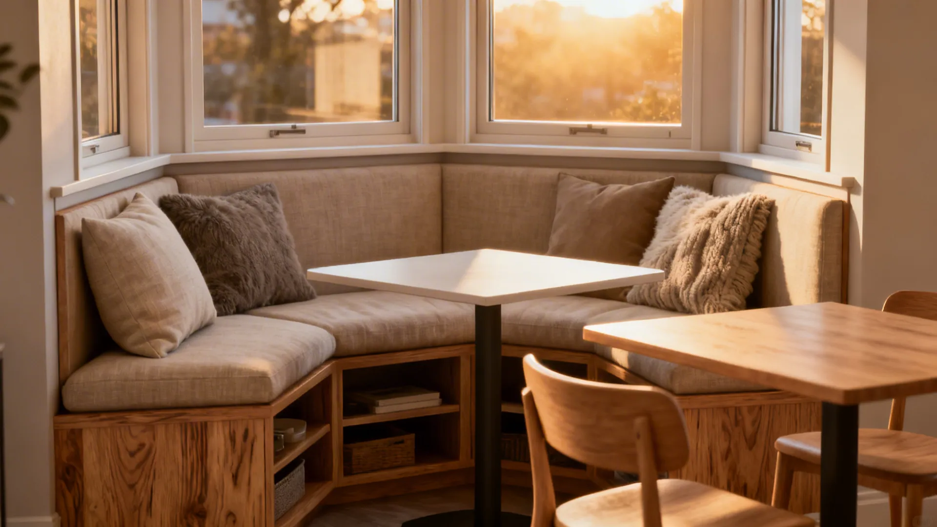 Cozy corner seating area with light cushions wooden base storage small white table and large windows