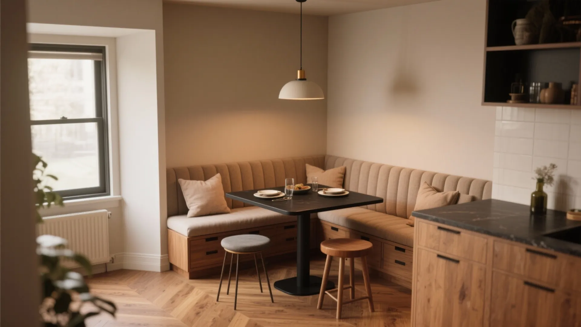 3. Built-in banquette with a black counter table