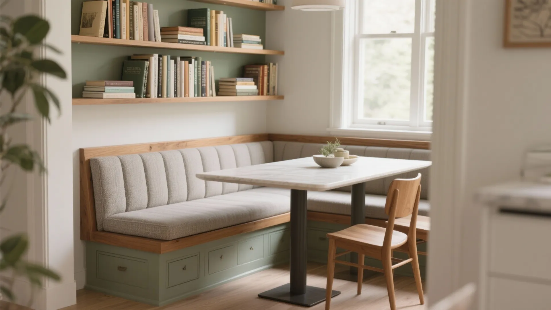 Dining area with corner sofa seating green base drawers wooden shelves filled with books and table