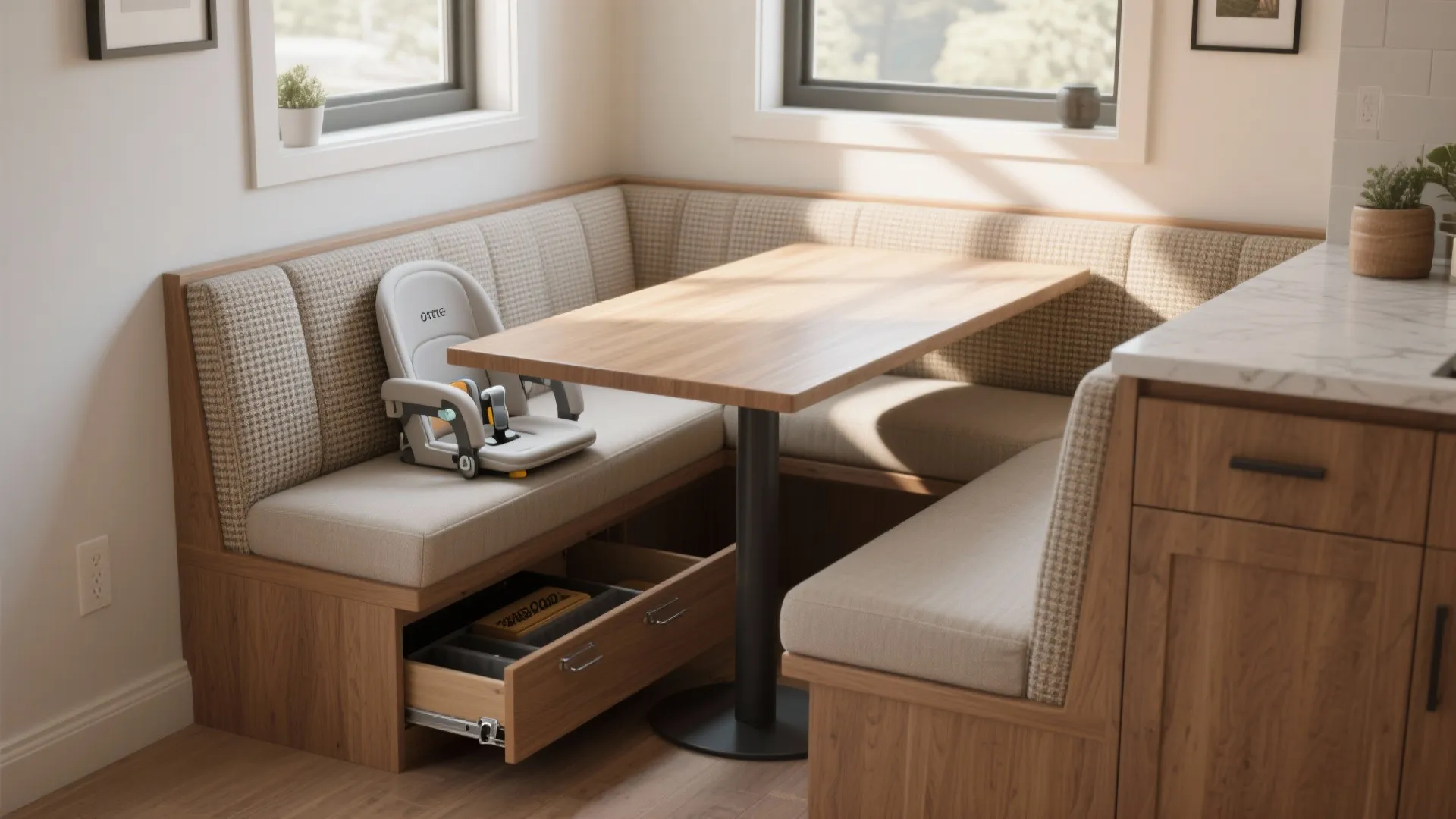 Corner dining bench with wooden table, storage drawer, baby booster seat, and natural window light
