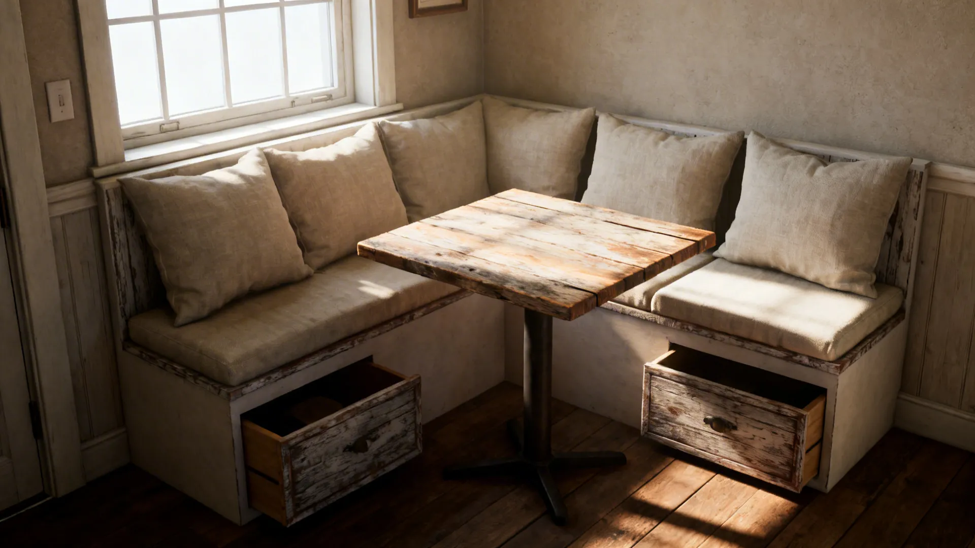 Corner bench seating with soft cushions wooden table and storage drawers near a bright window