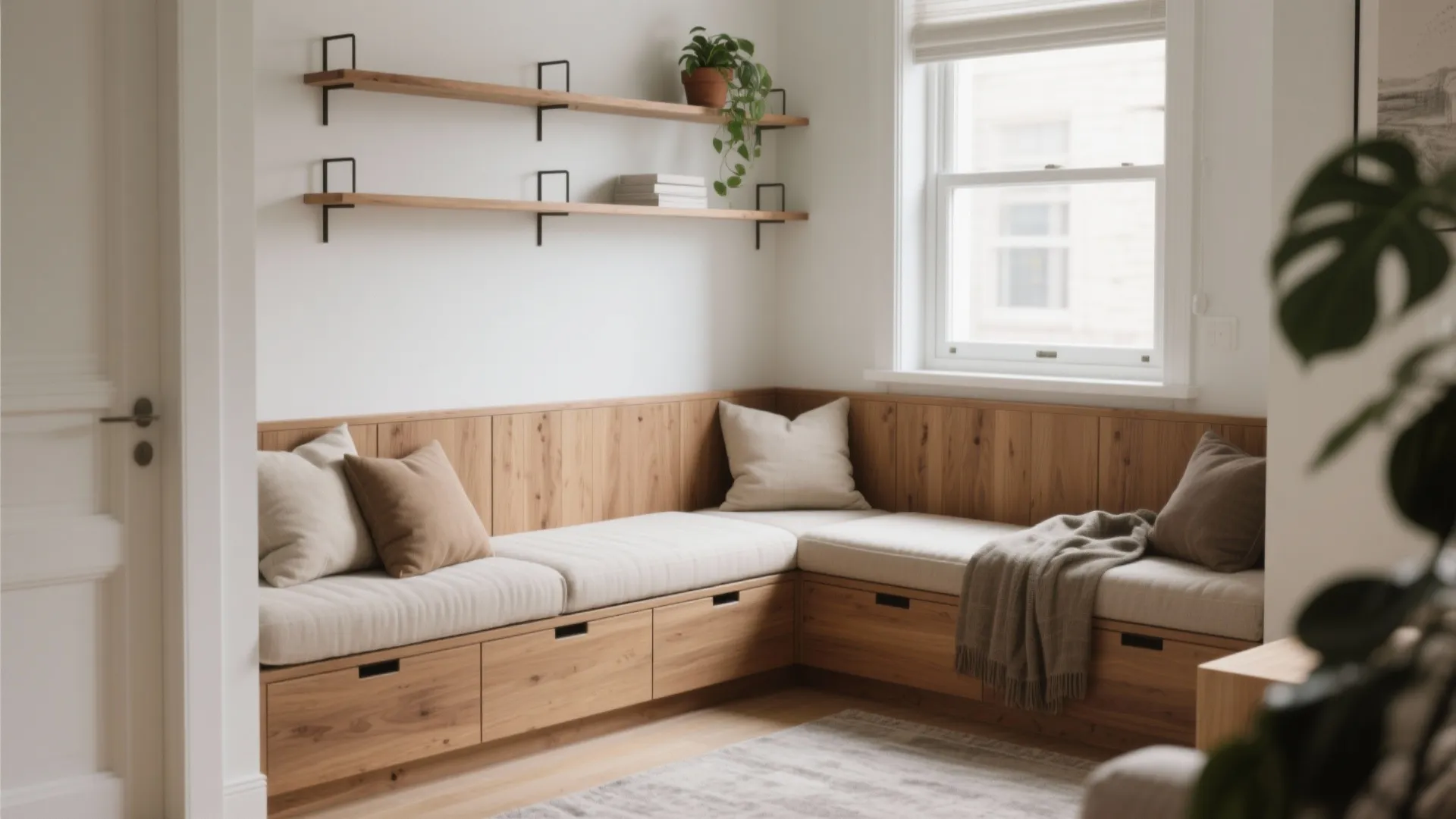 3. Built-in Banquette Seating with Wall-Mounted Shelves