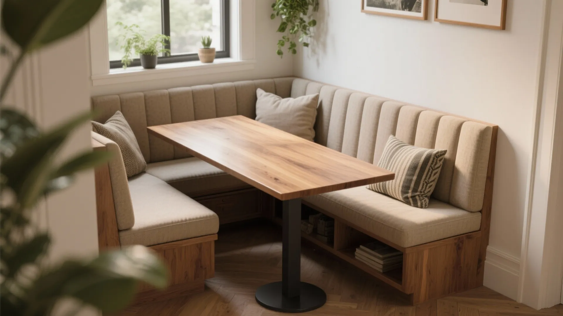 Built-in banquette with storage and a narrow wooden table creating a cozy dining nook in a small space.