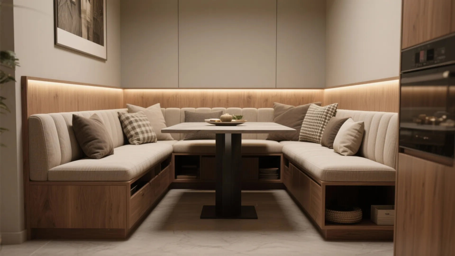Built in wooden bench seating with cushions around a dining table in a cozy corner