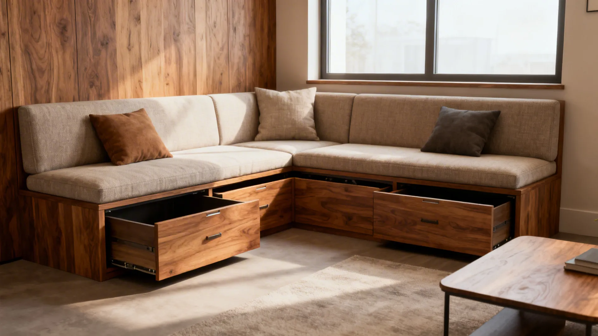 Corner built-in banquette L-shaped seating with hidden storage drawers in a small living room.