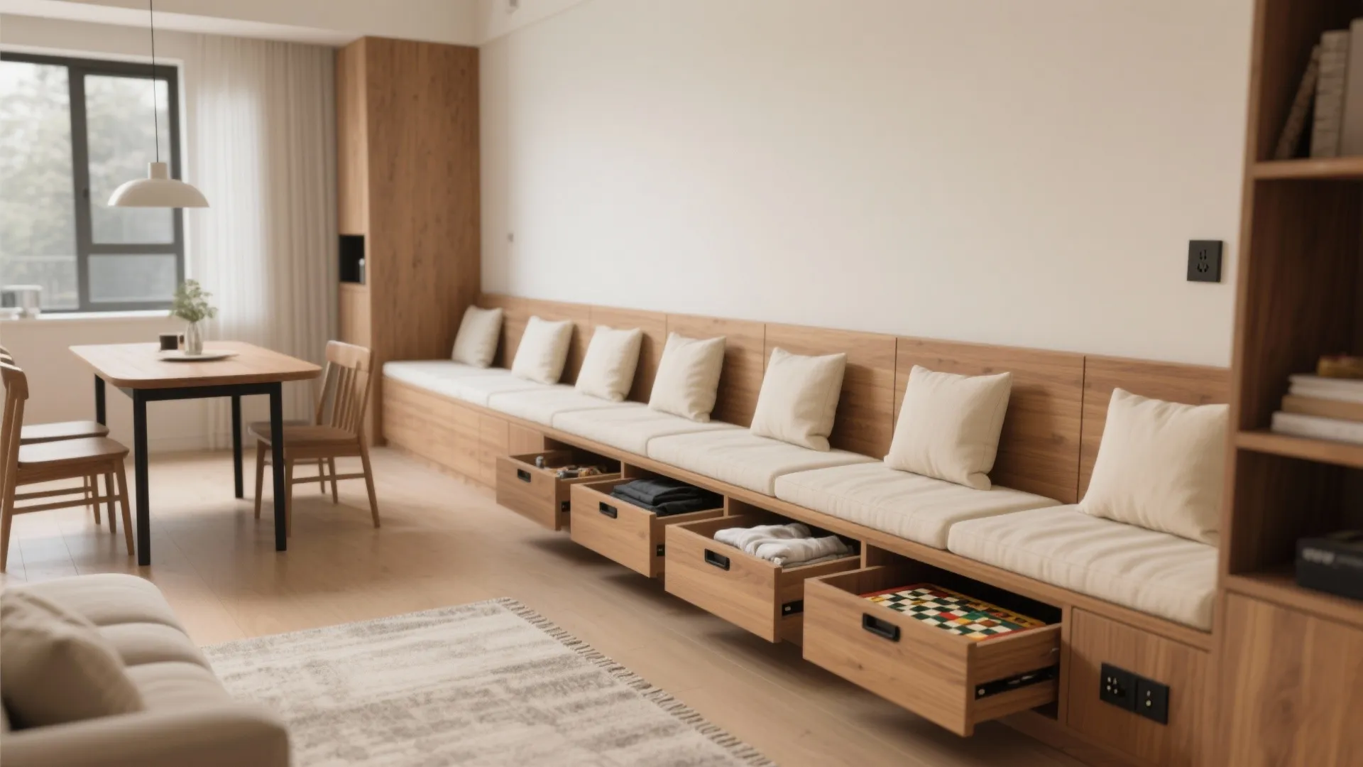 Long wooden bench with white cushions and open storage drawers placed against a white wall