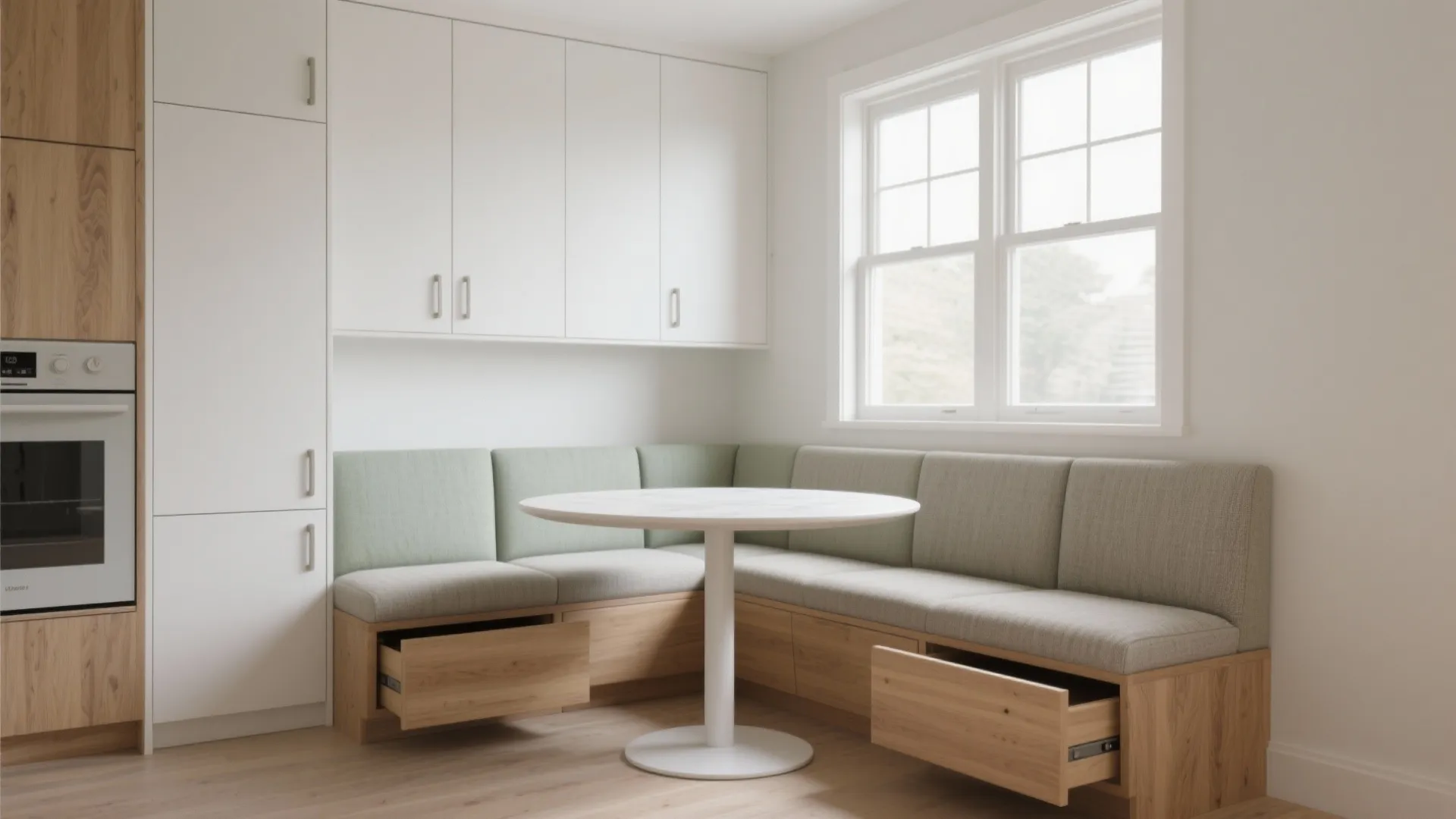 Minimalist storage with banquette seating