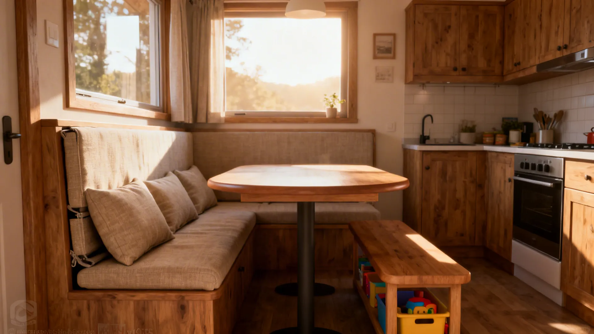 Cozy banquette nook by a window paired with a compact kitchen wall and storage bench seating