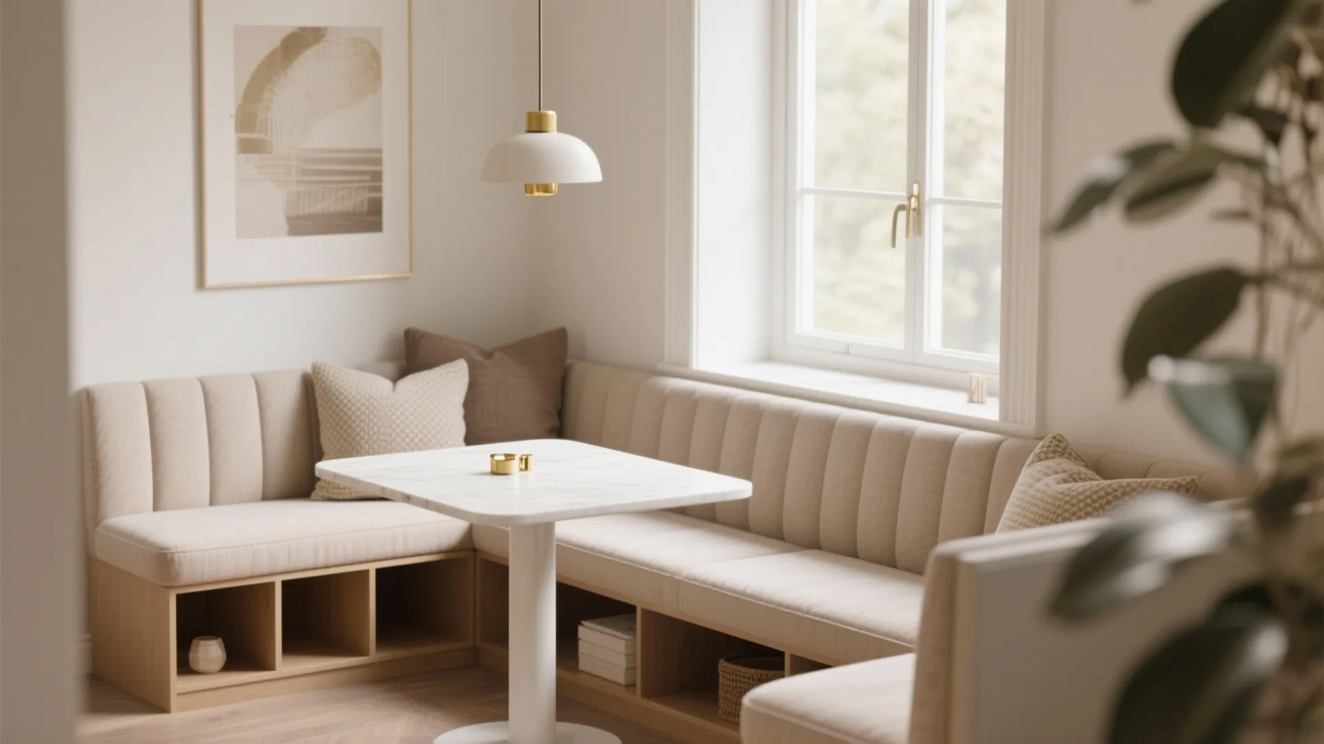 5. Built-in banquette and compact white table