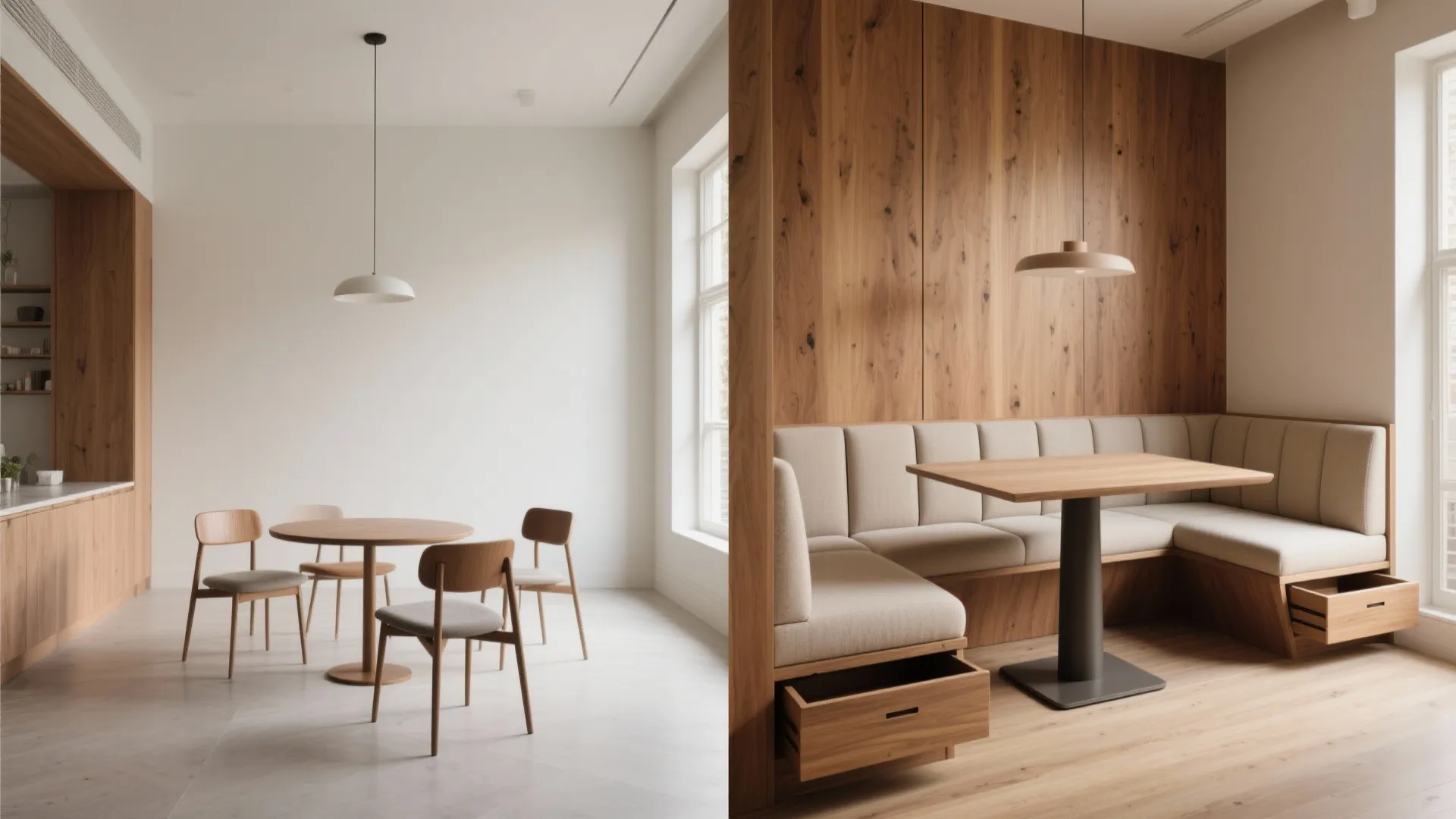 Comparison showing a round dining table with chairs next to a built-in booth with drawers