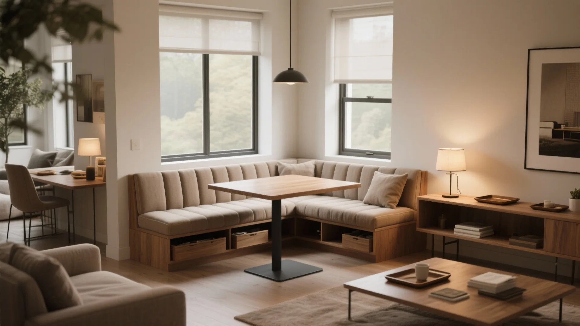 4. Banquette seating or a slim console as a buffer