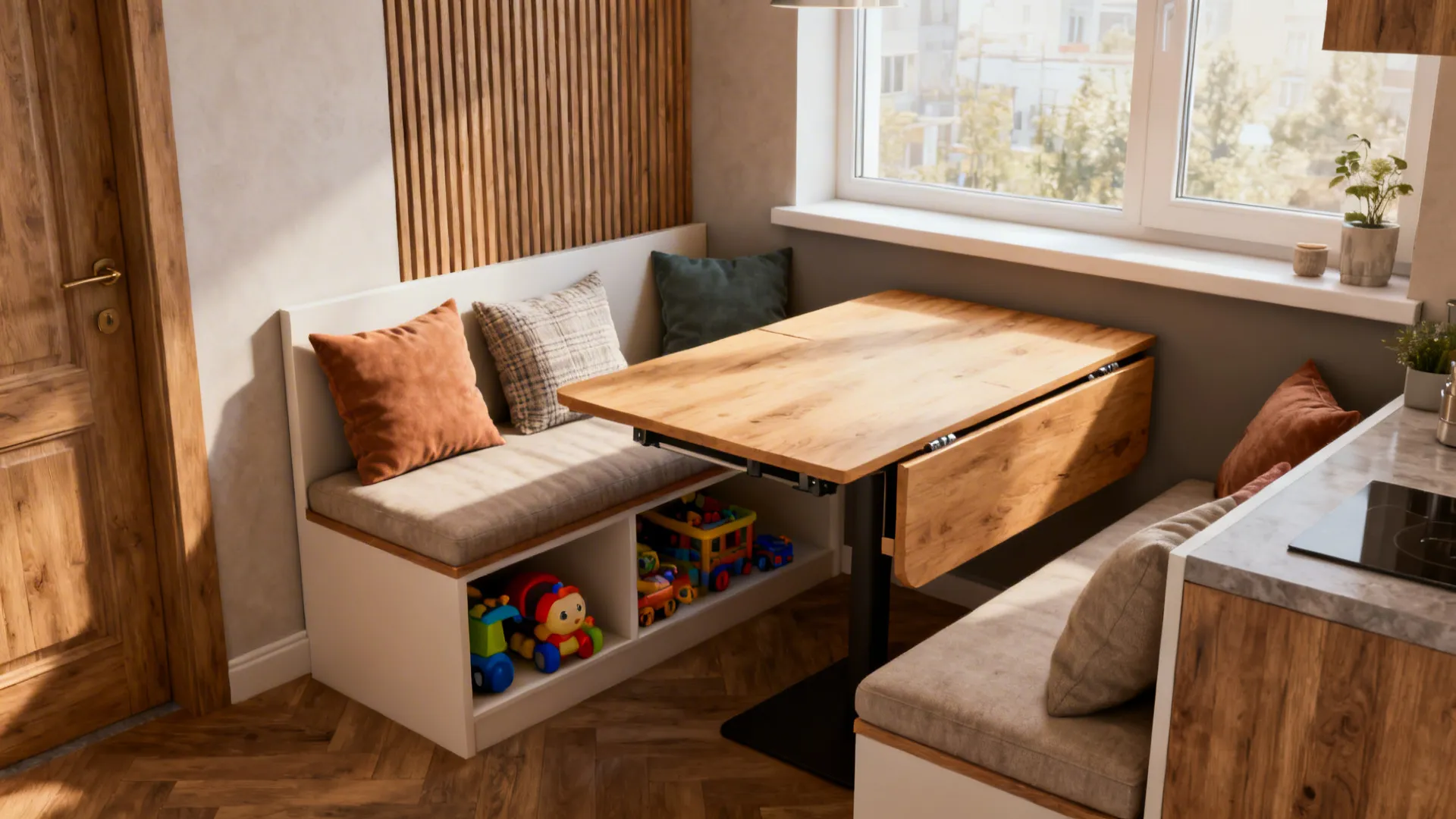 Built-in banquette with drop-leaf table and storage compartments in a small apartment nook