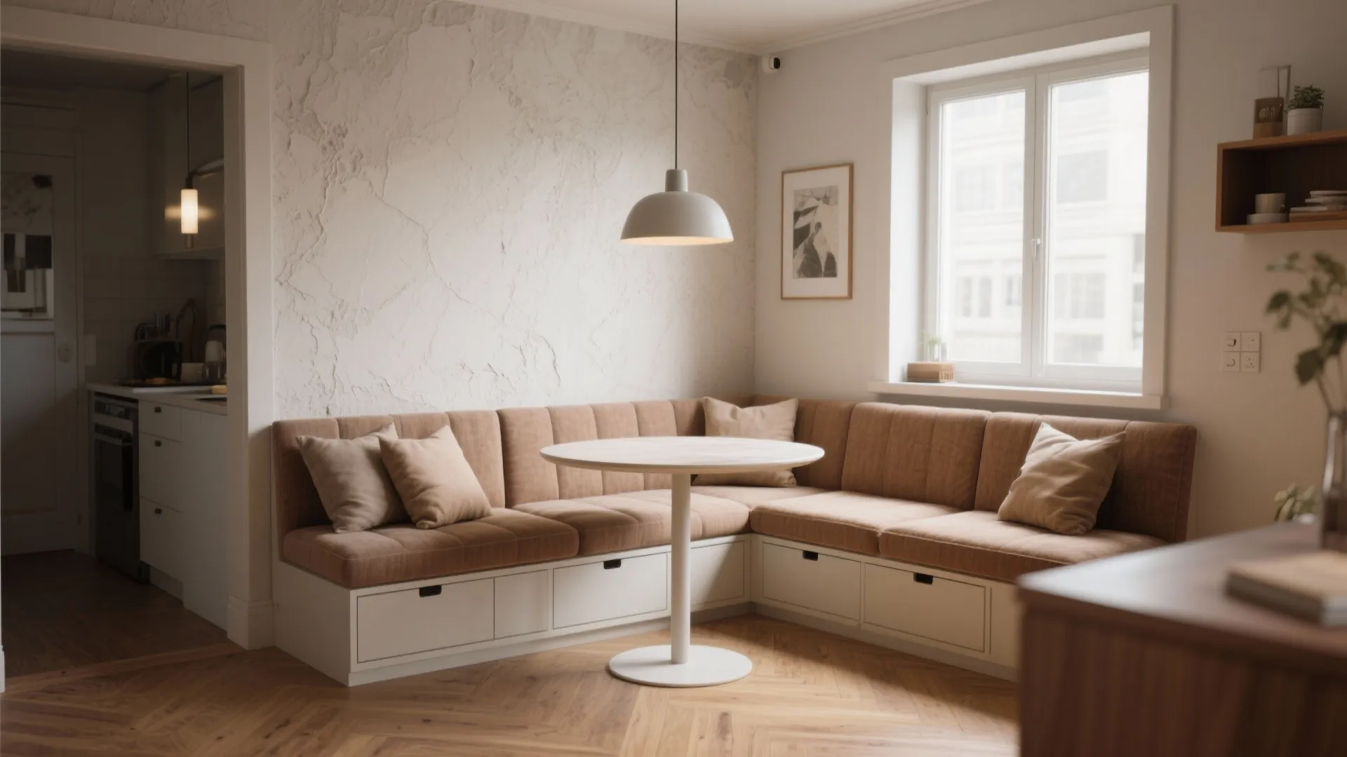 Cozy built-in banquette dining nook with storage and a small round table freeing circulation in a tight corner.