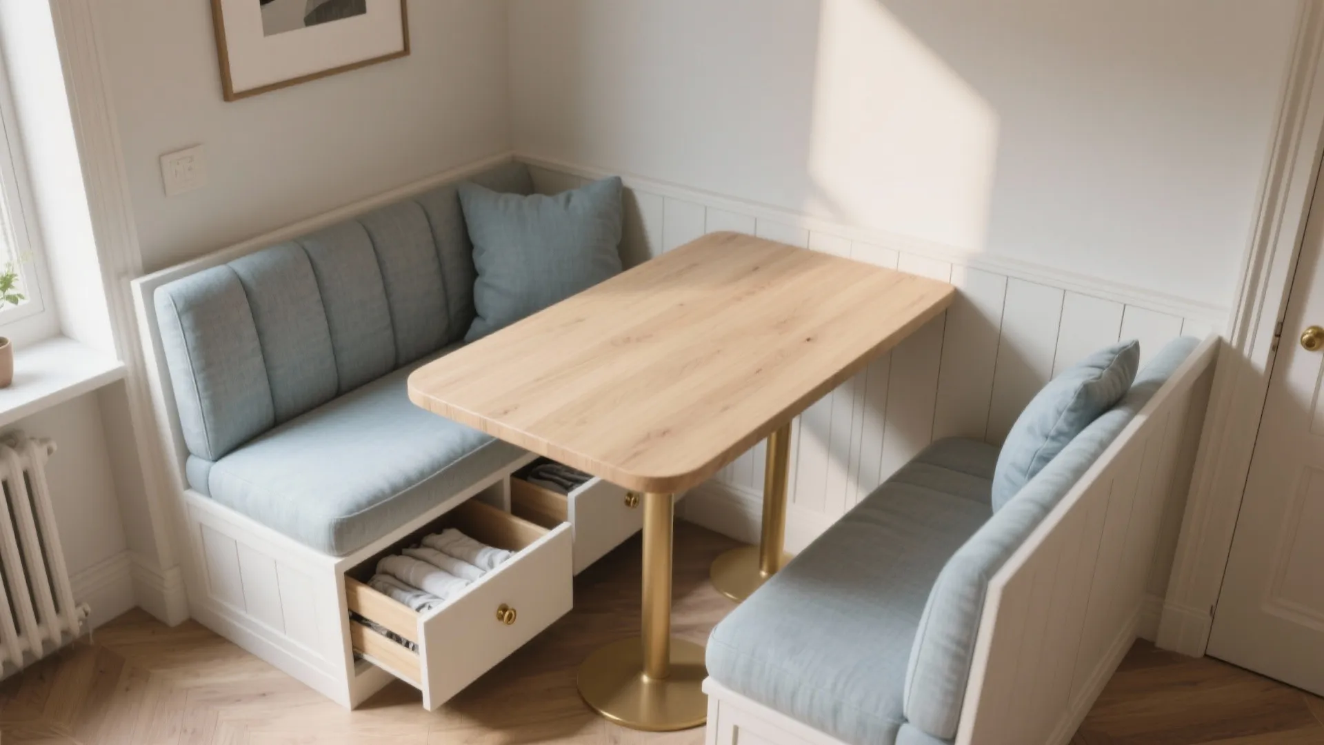 Corner built-in banquette with under-seat storage drawers and a narrow dining table, cozy and organized.