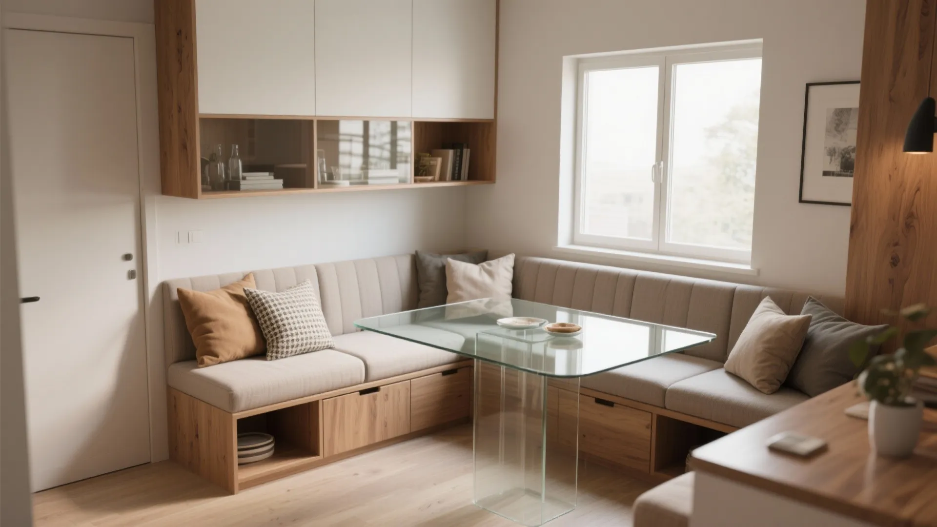 Modern dining corner with beige corner sofa glass table white wall cabinets and window light