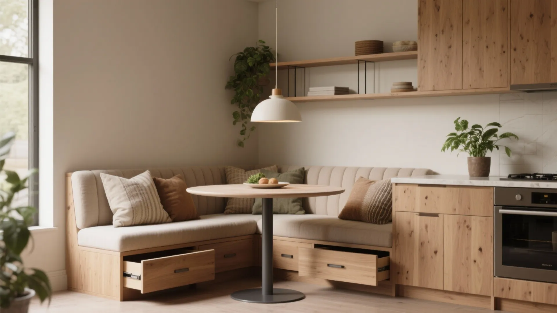 Modern kitchen corner with wooden bench seating storage drawers round table and white ceiling light