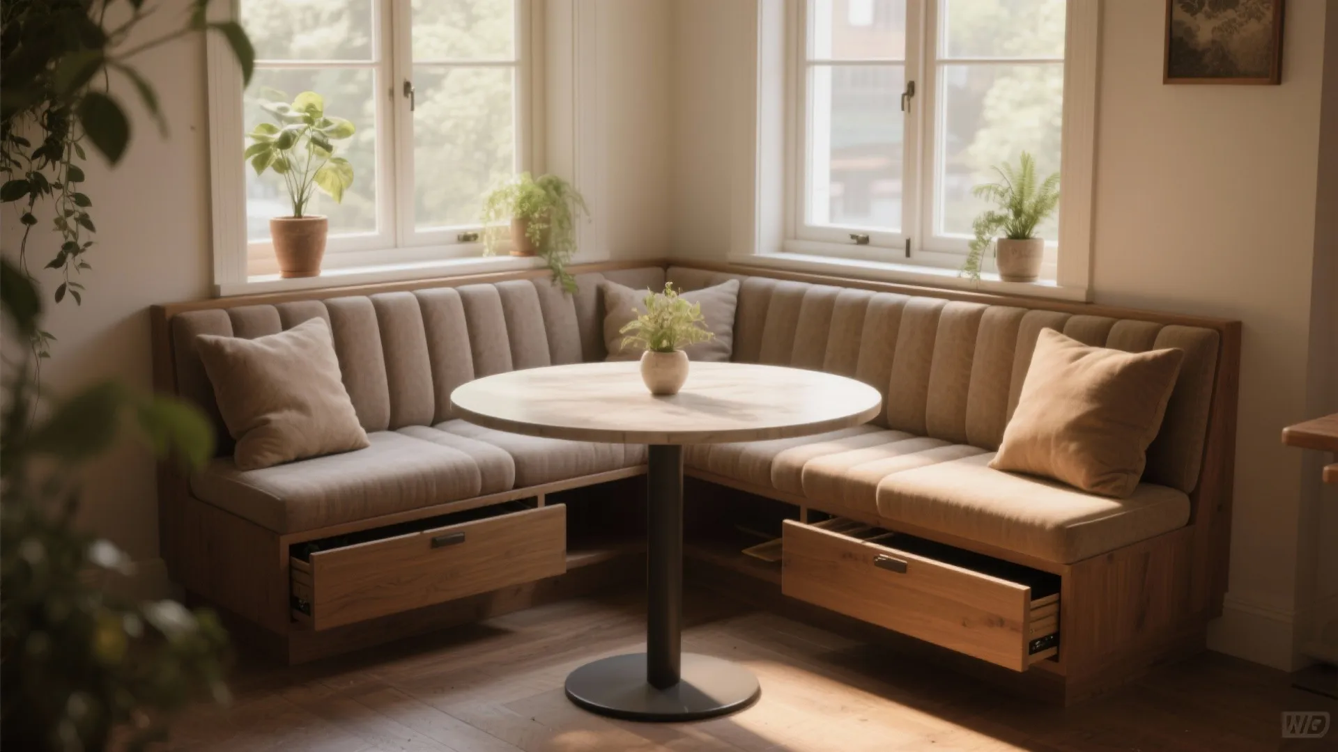 3. Built-in banquette + round table (great for corners)