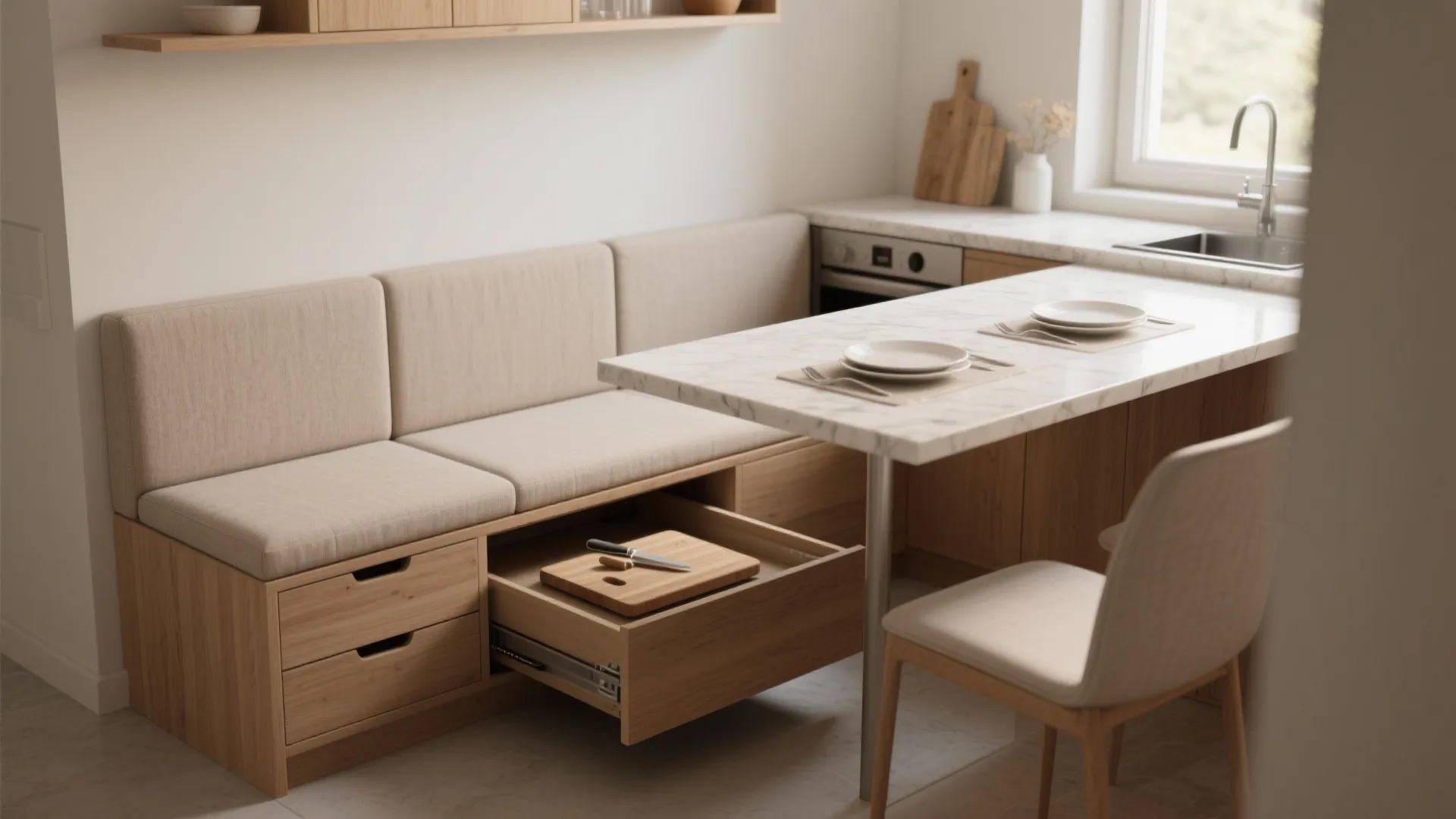 1. Extend countertops into a multipurpose banquette