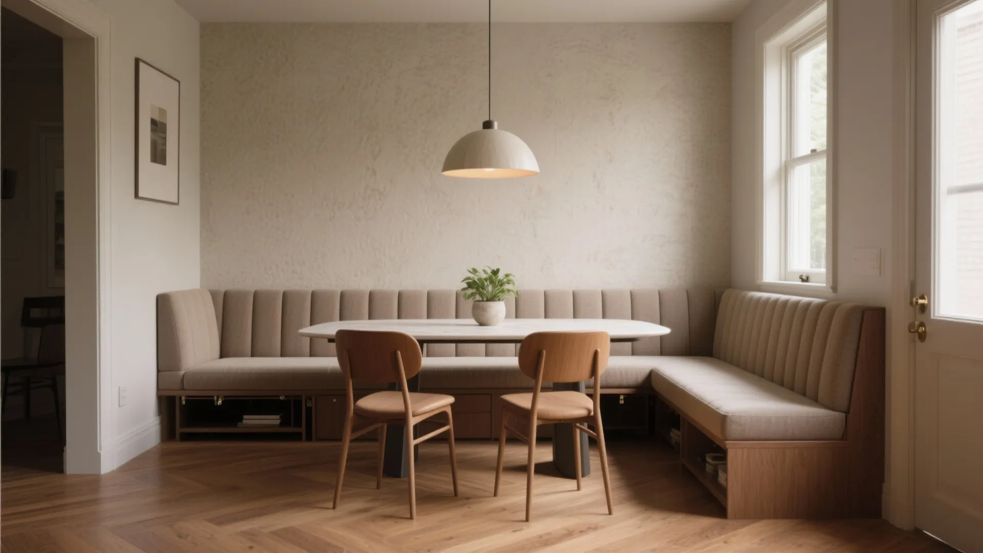 Modern dining nook with beige corner sofa white table two wooden chairs and one ceiling light