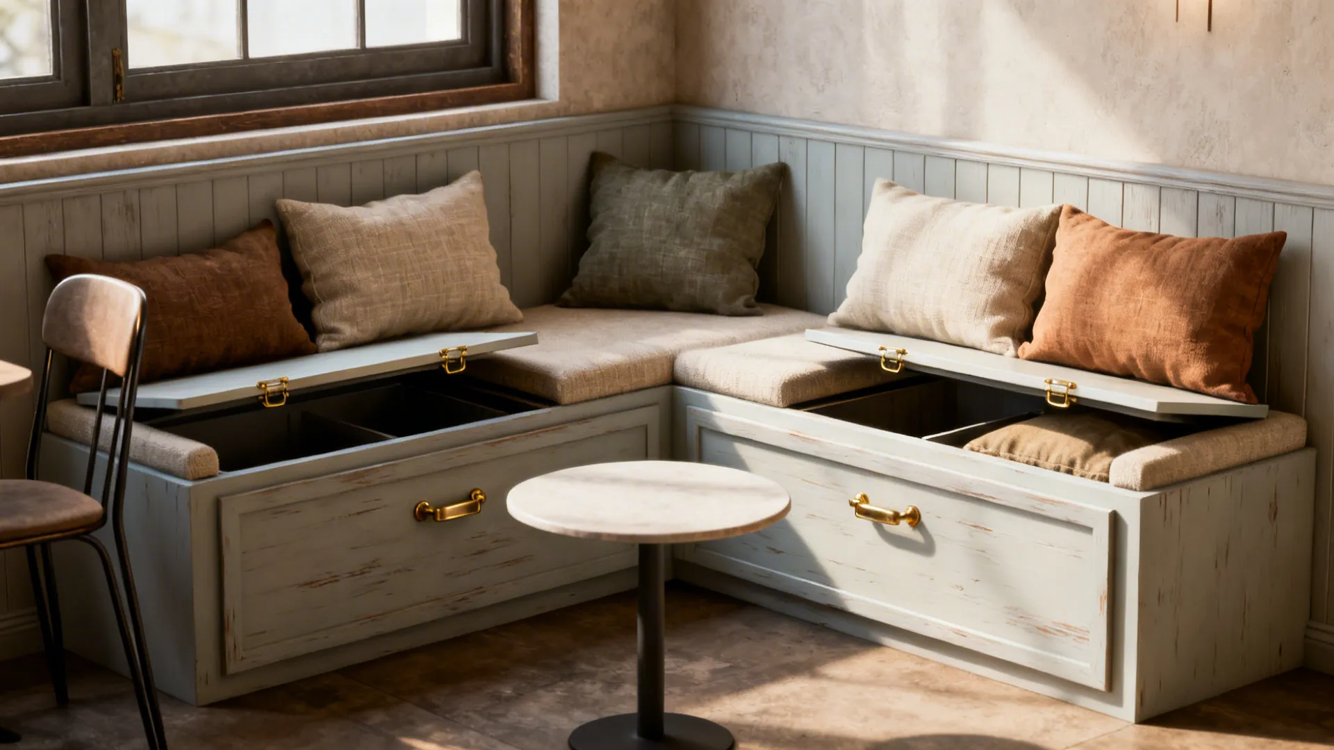 Built-in banquette with removable cushions and storage paired with a small table in a compact dining corner.