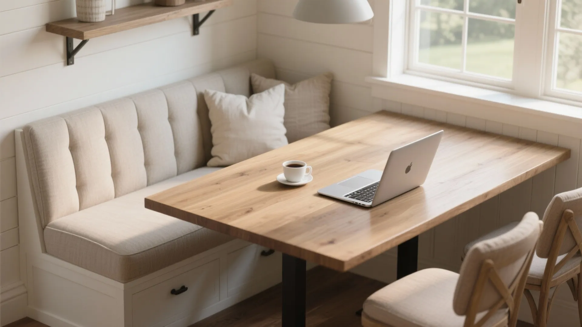 Banquette seating extended into desk surface