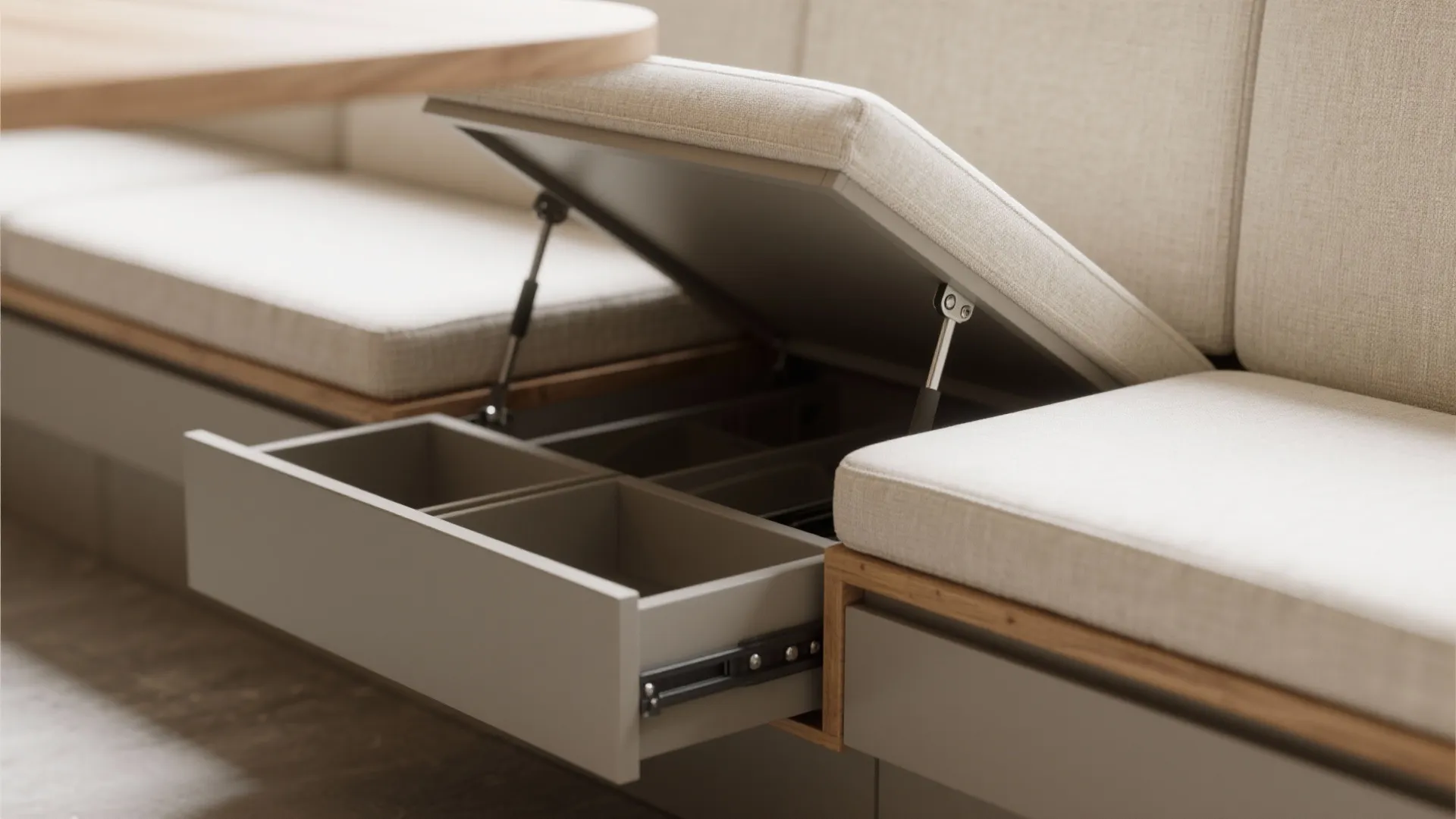 Flexible banquette seating with hidden storage