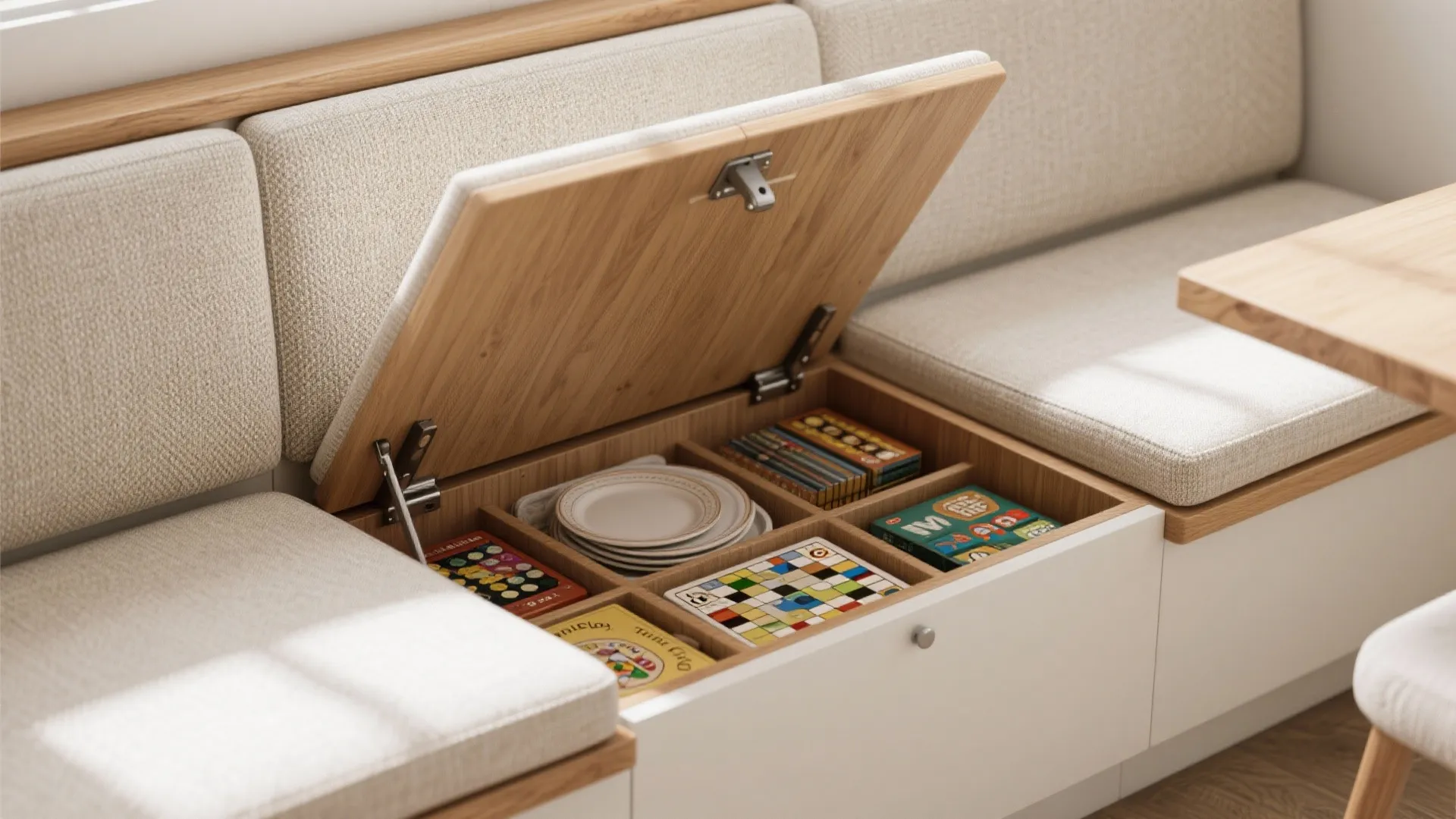 White built-in bench with open wooden storage compartment holding plates and board games under cushions