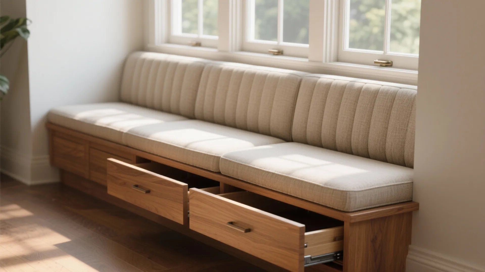 1. Built-in banquette seating in the bay