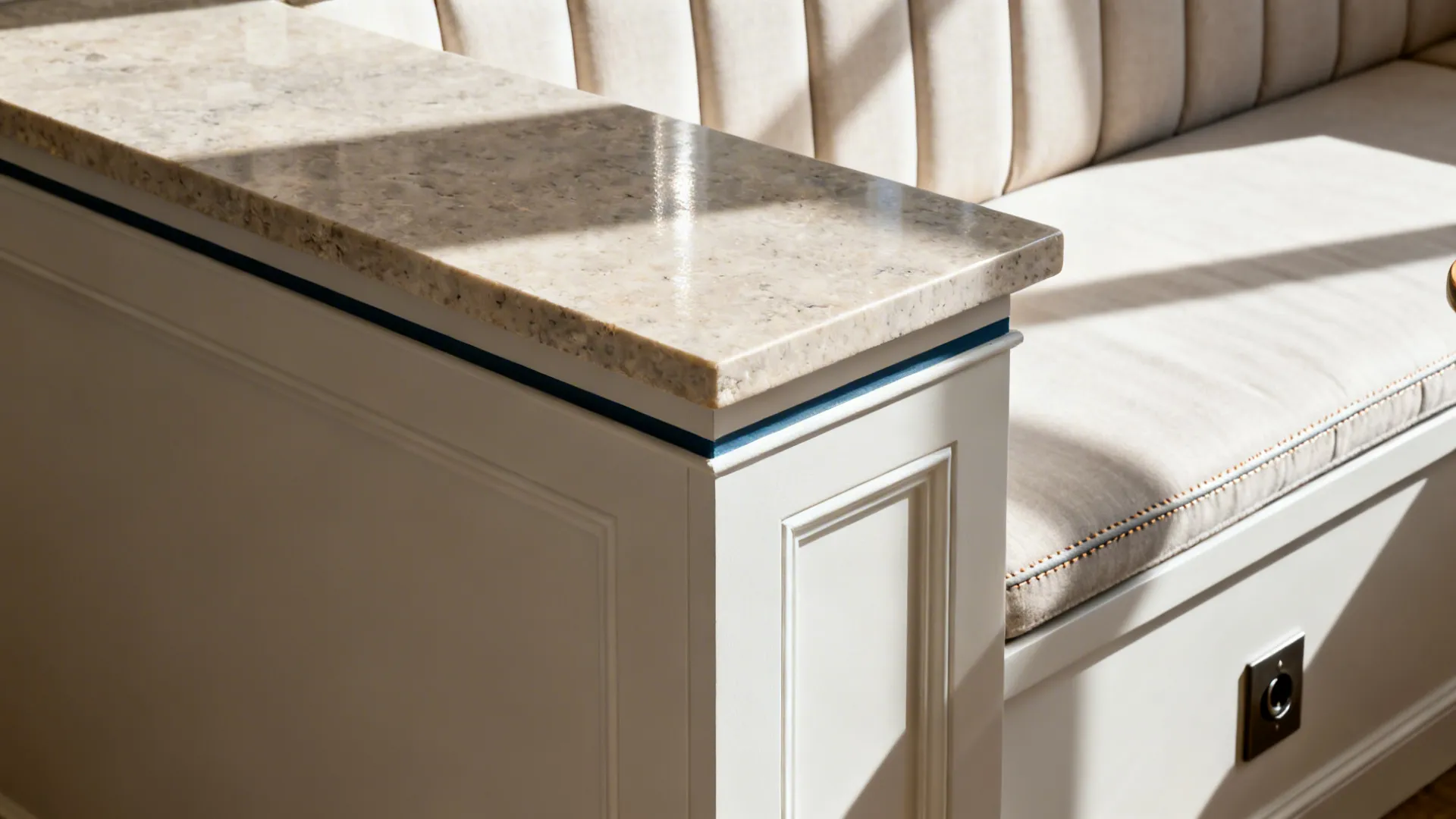 Close-up of console top, painted millwork, and upholstered banquette with neat stitching.