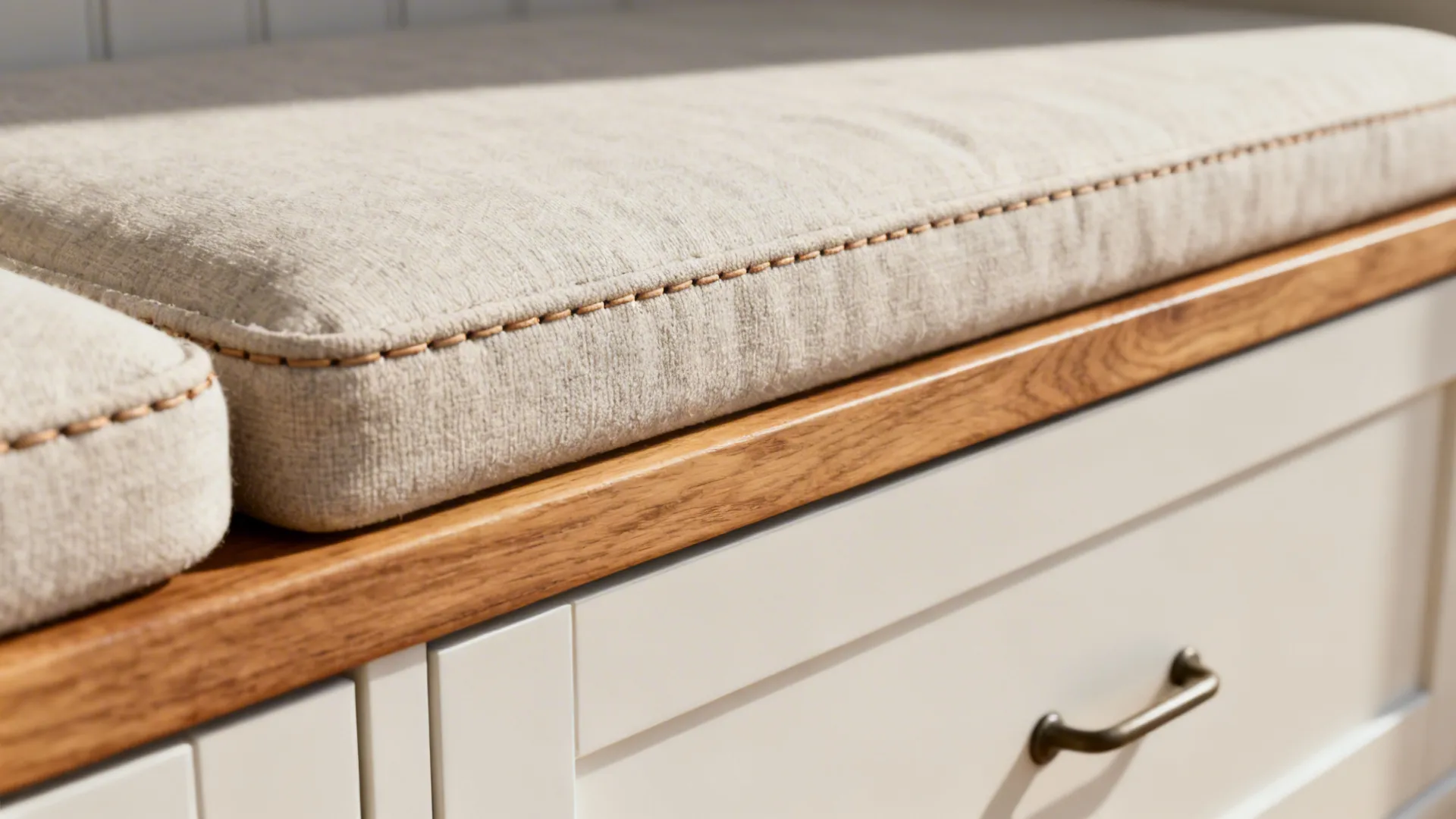 Macro of banquette cushion, stitching, painted drawer front, and oak ledge under soft daylight.