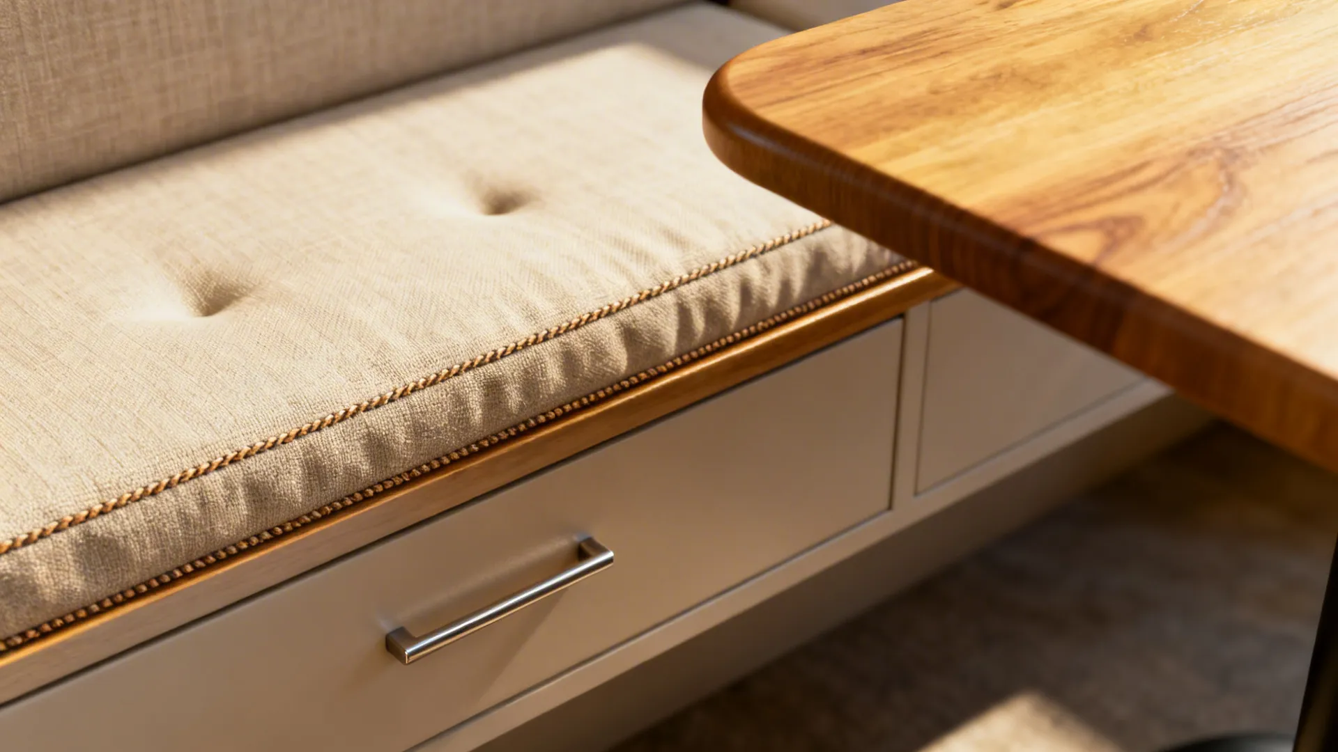 Macro of banquette drawer, cushion seam, and oak table edge showing tactile textures.