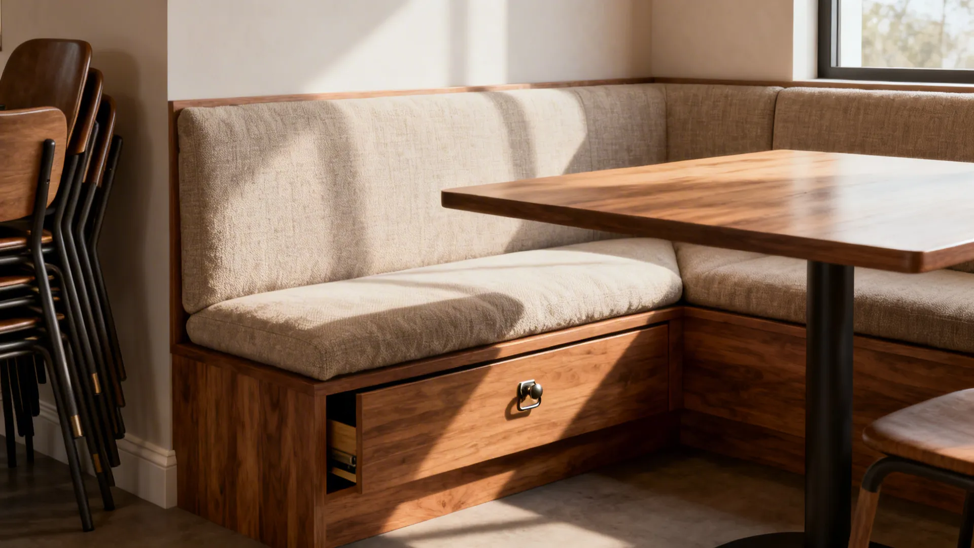 Built-in banquette wrapping a small dining table with storage beneath and textured cushions.