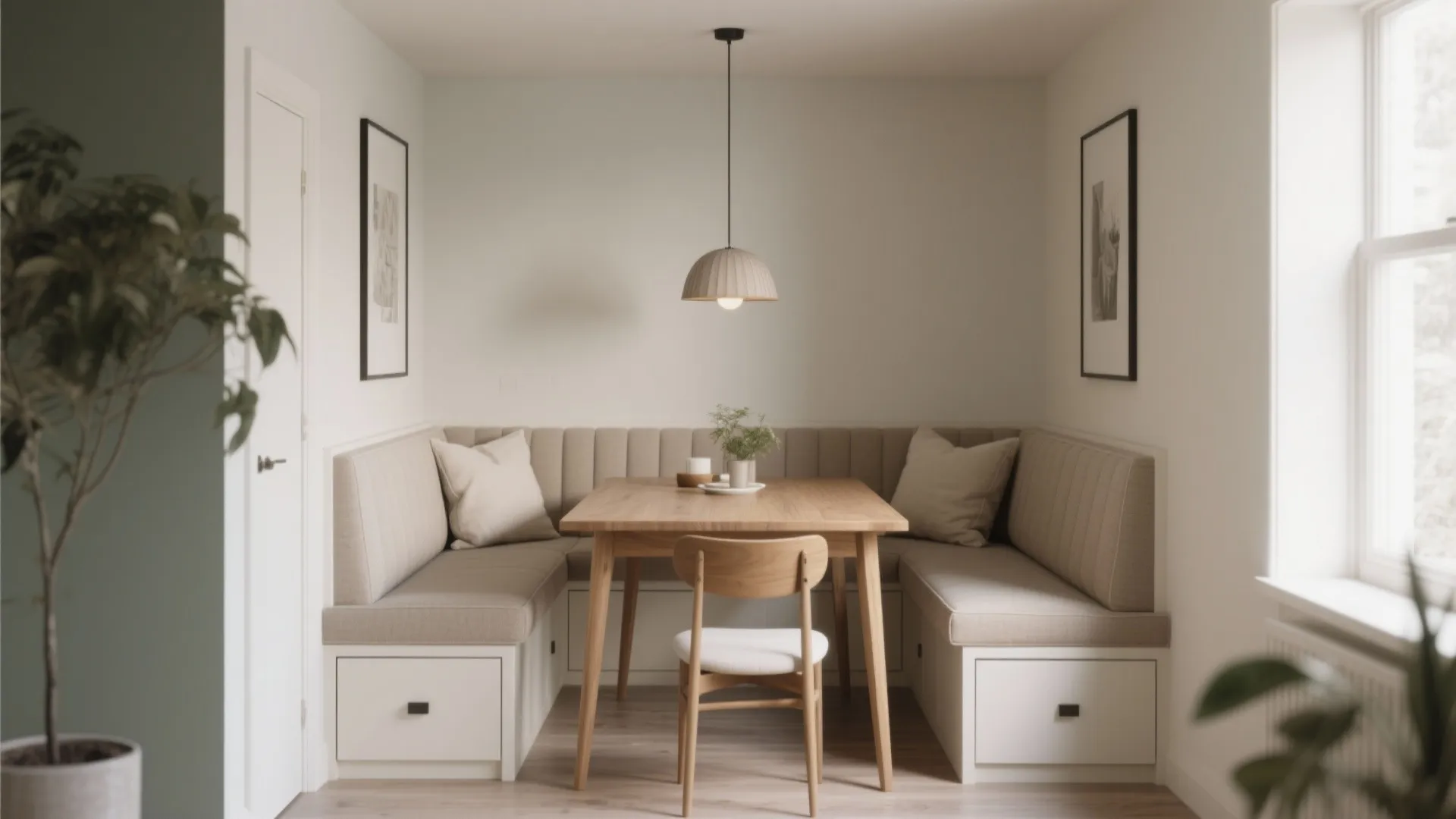 Built-in corner bench with cushions and storage drawers around a wooden dining table and chair