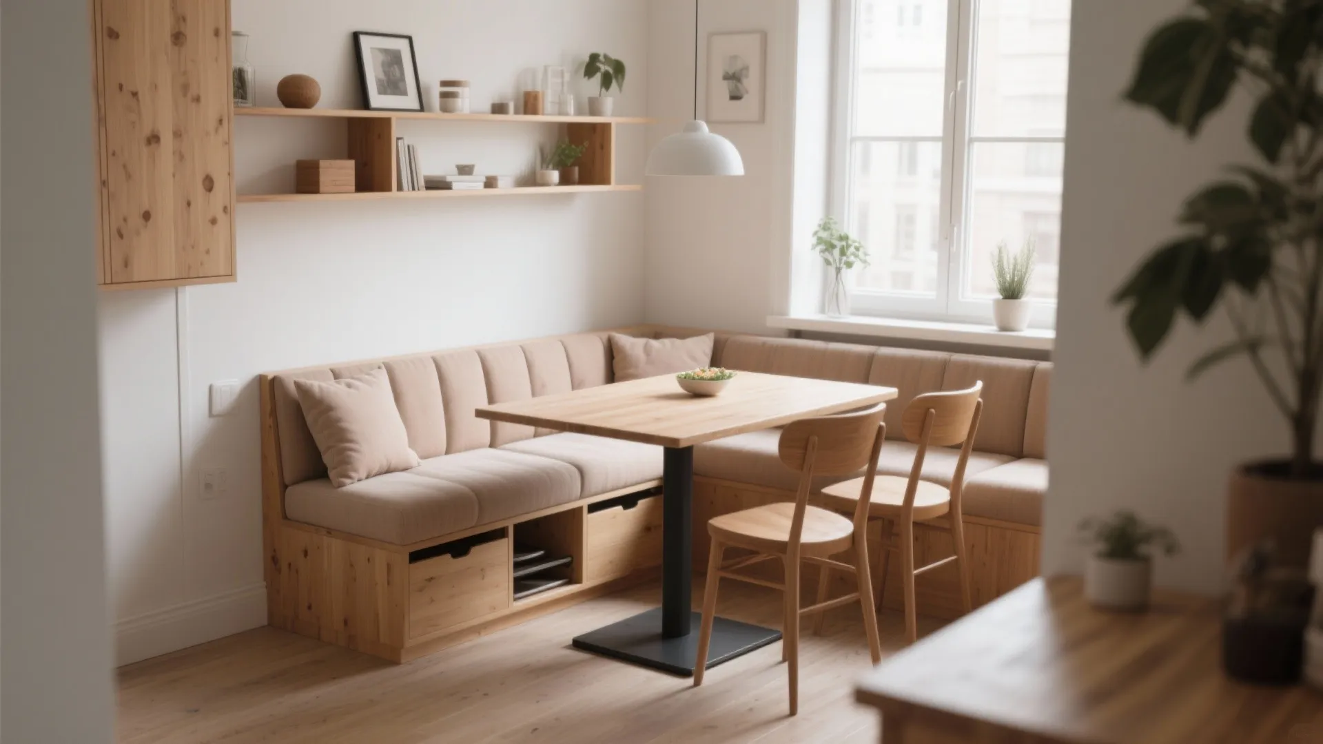 Dining area with wooden table, built-in corner sofa with storage, two chairs, and ceiling light
