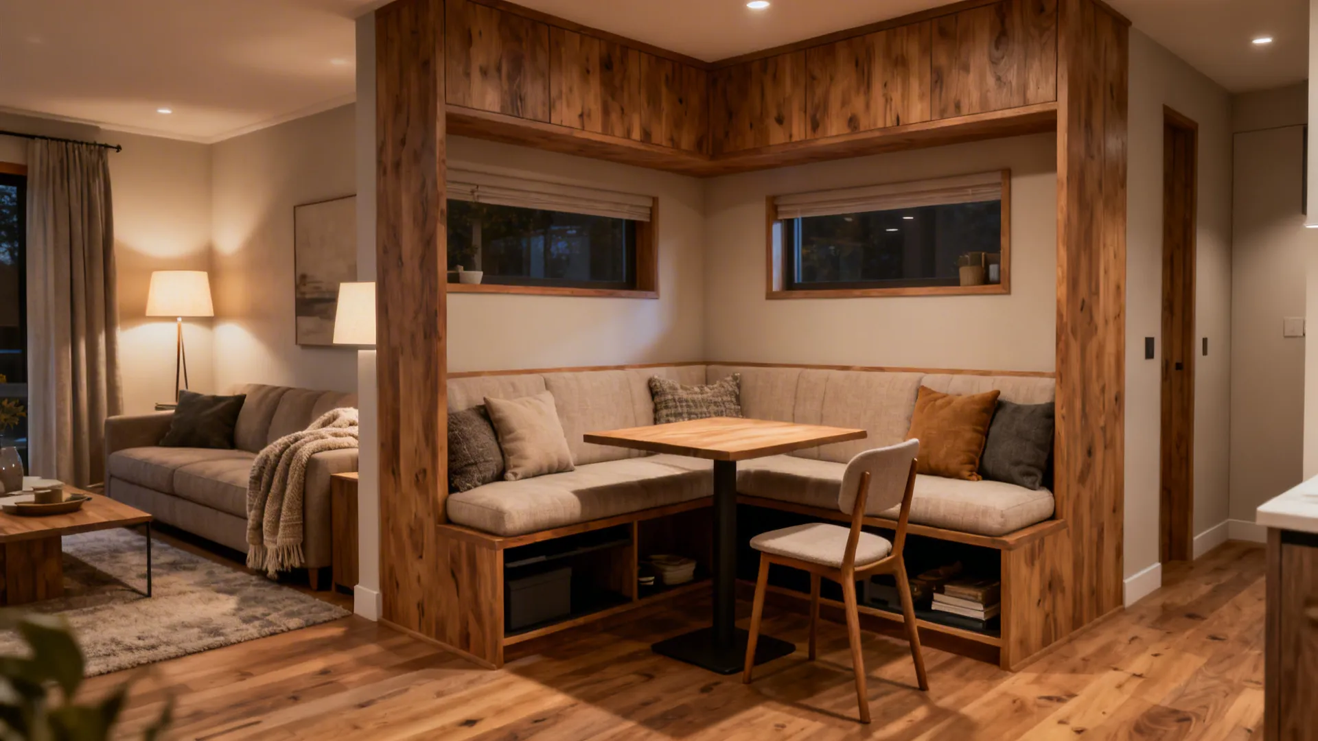 Built-in cushioned banquette with under-seat storage anchoring a compact dining area next to the living room.