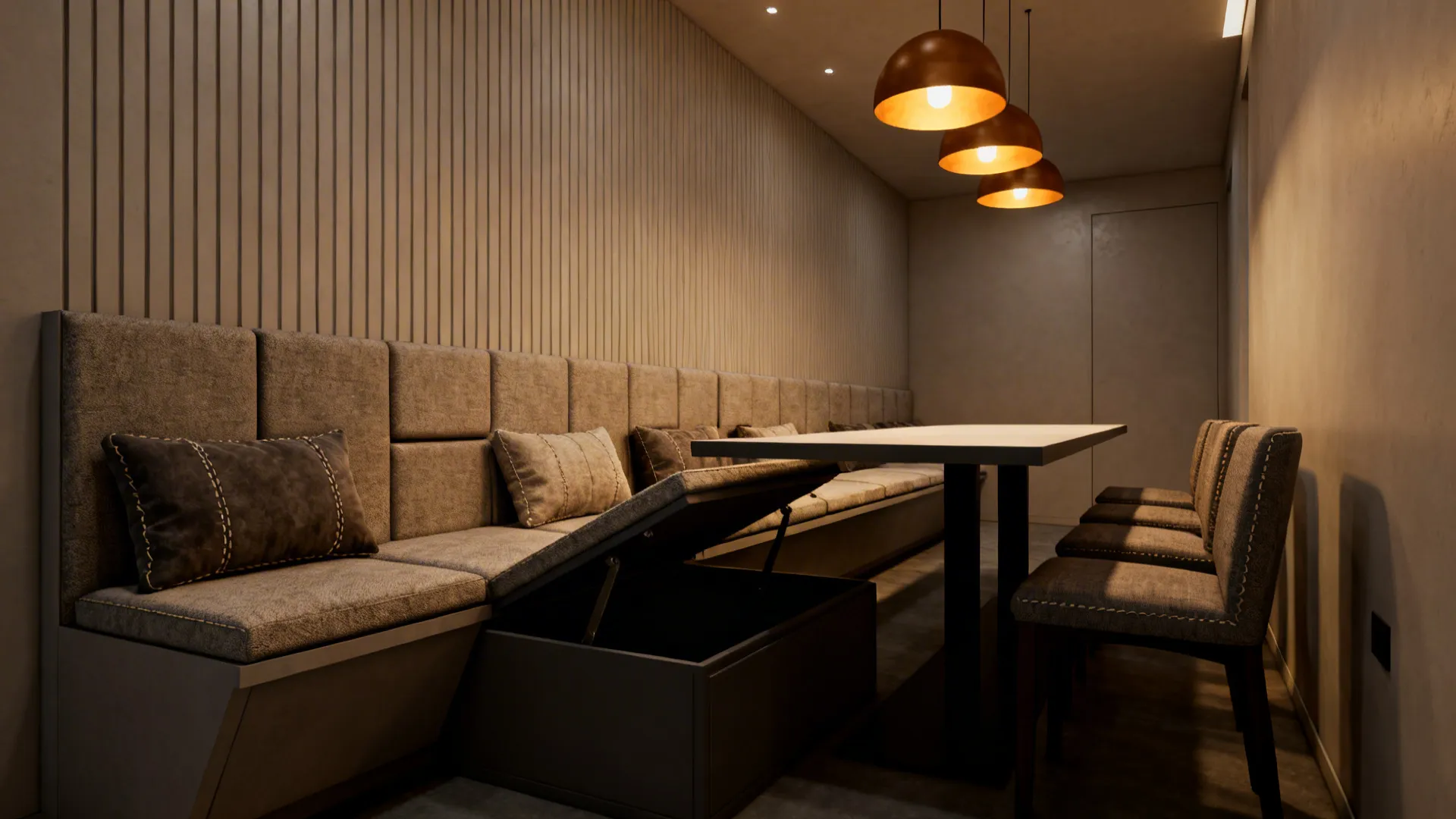 Long dining bench with open storage seat beside table and three round hanging orange ceiling lights