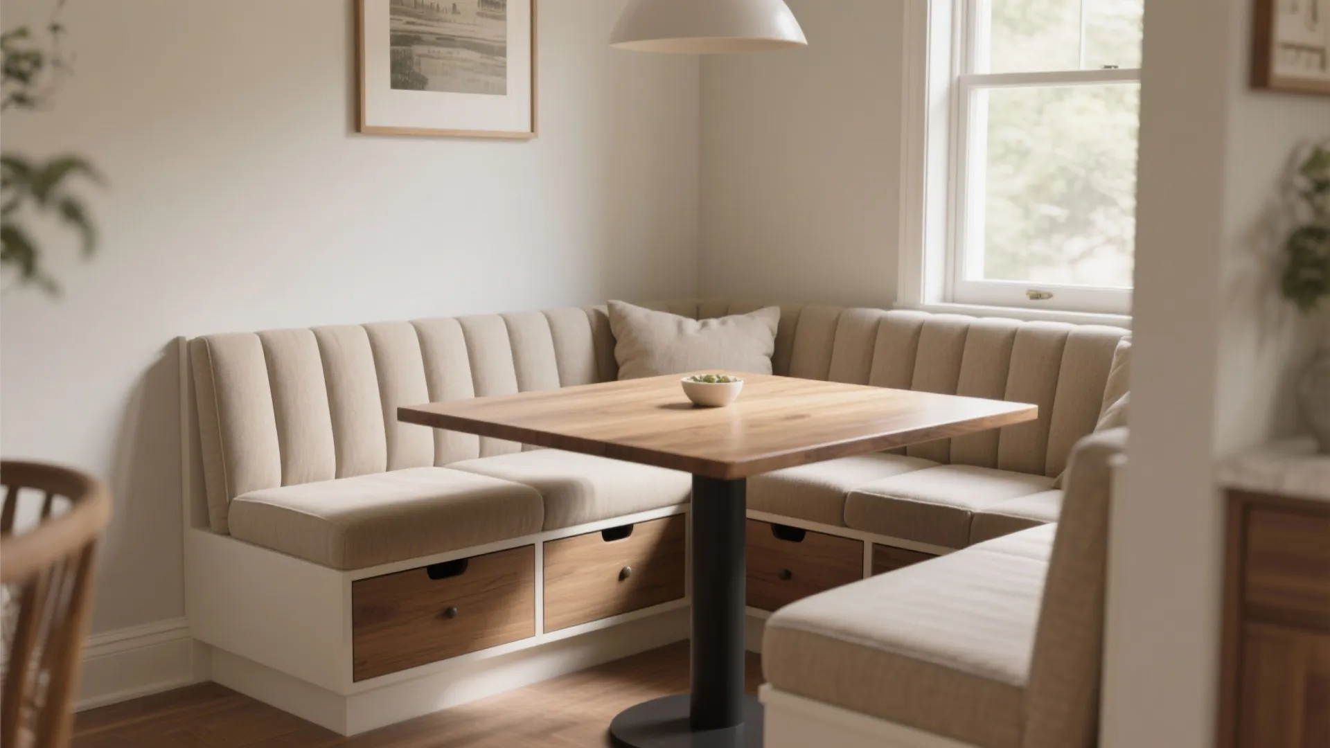 Corner seating bench with storage drawers and a wooden table in a small dining area