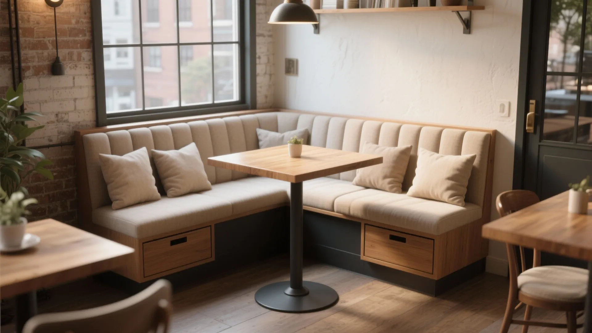 Built-in banquette seating with storage in dining corner