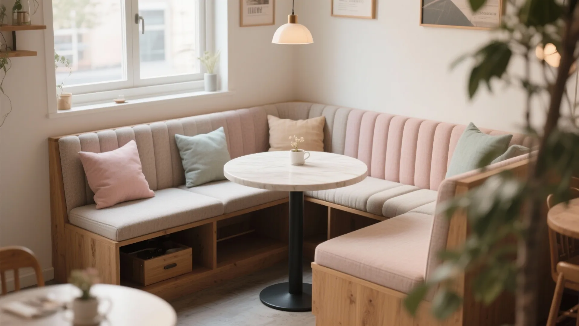 Cozy dining nook with L-shaped corner bench, colorful pillows, round marble table, and ceiling light