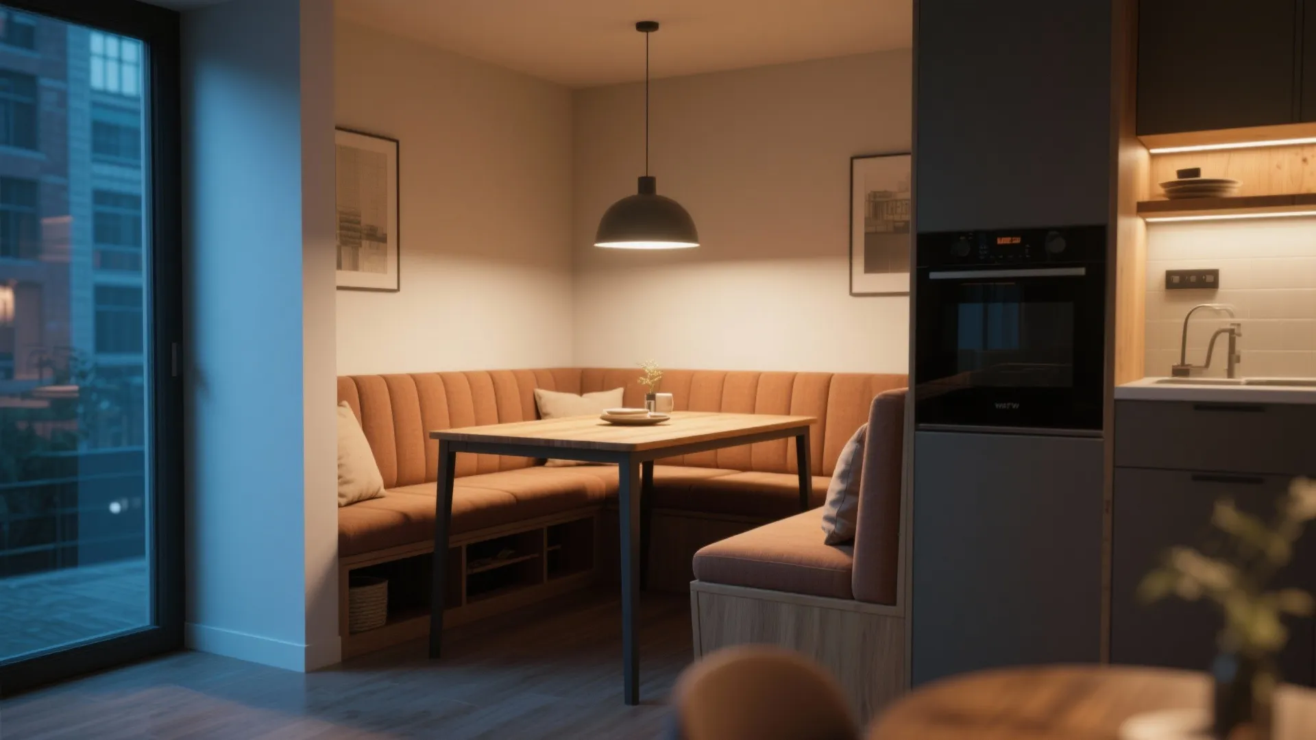 Cosy corner dining area with brown sofa seating wooden table and a black ceiling light