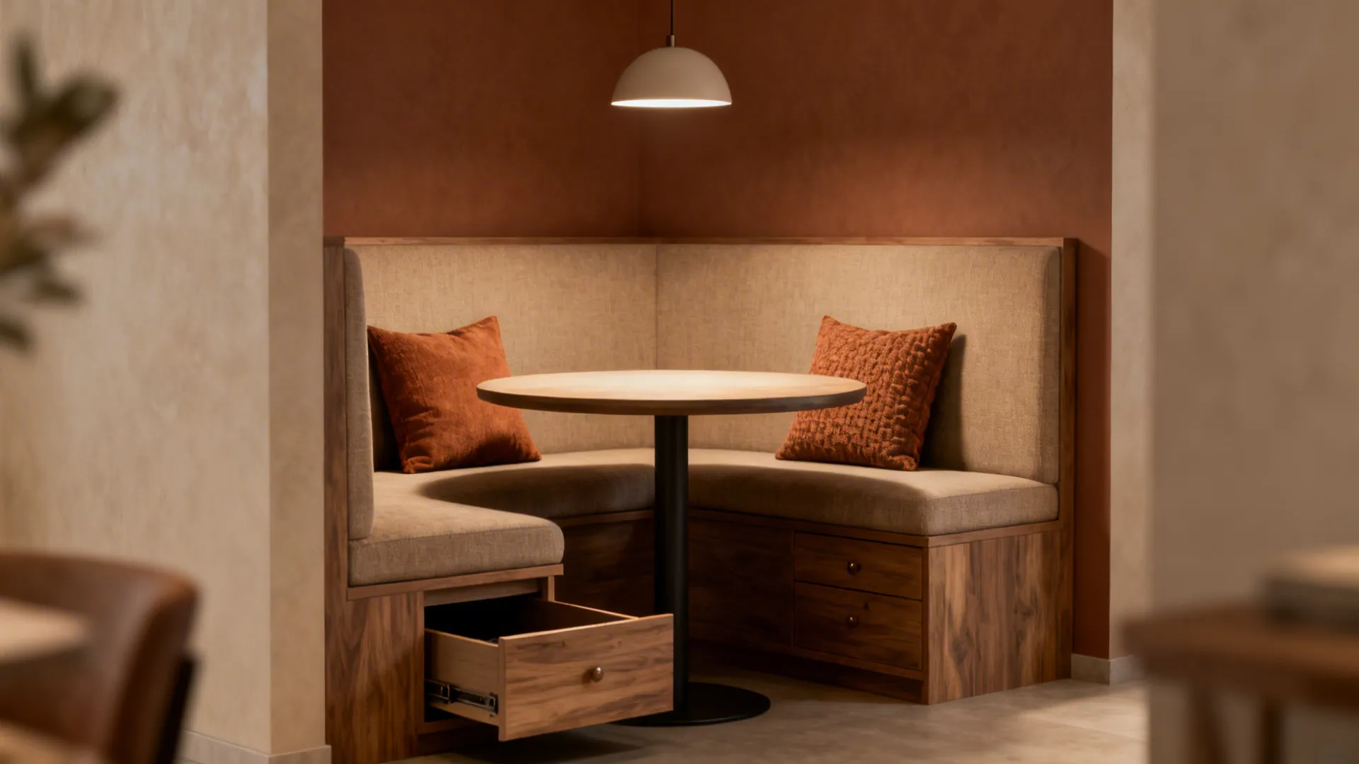 Built-in banquette dining nook with hidden storage in an L-shaped corner